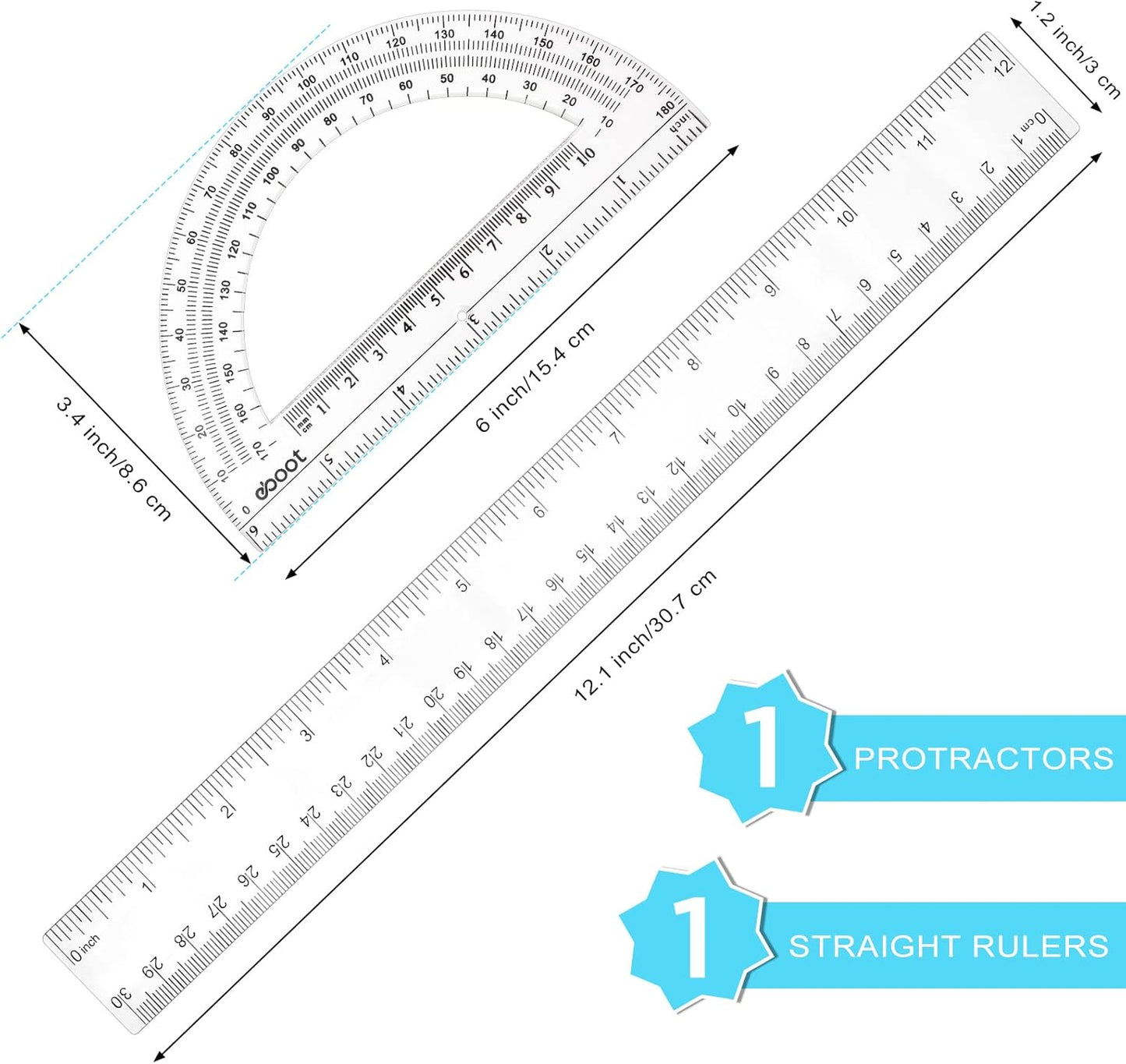 Zonon 2 Pack 12'' Plastic Ruler and 6'' Plastic Protractor Set Clear Ruler Protractor Set Math Geometry Supplies for School Classroom Home Office Drawing(Clear)