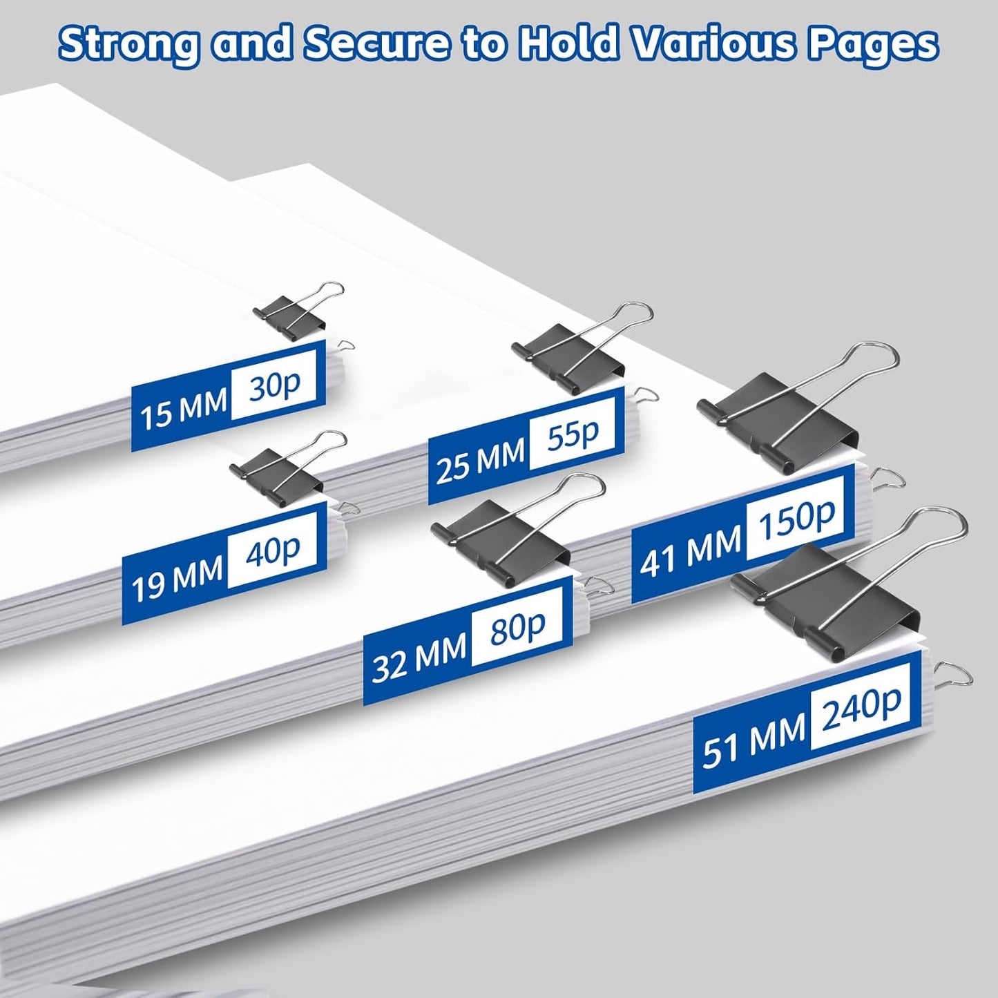 BainGesk 210 PCS Binder Clips Paper Clamps Assorted Sizes, X Large, Large, Medium, Small, Mini and Micro Metal Paper Binder Clips, Black Binding Paperwork Clamp Bulk, Office, School Supplies