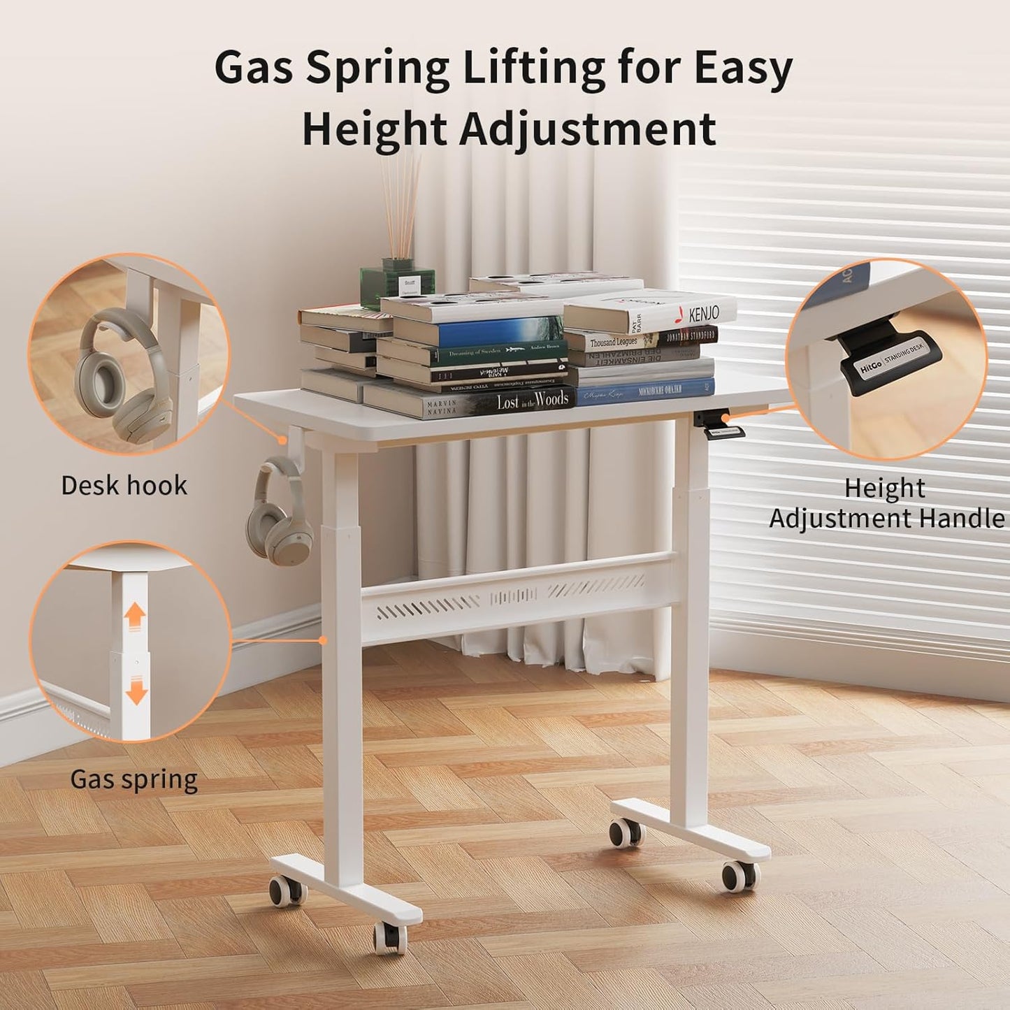 Mobile Standing Desk with Wheel, Pneumatic Height Adjustable Standing Desk for Walking Pad, Rolling Computer Workstation with 28.3"–42.5" Height, 31.5" x 15.7" Desktop for Home Office (White)