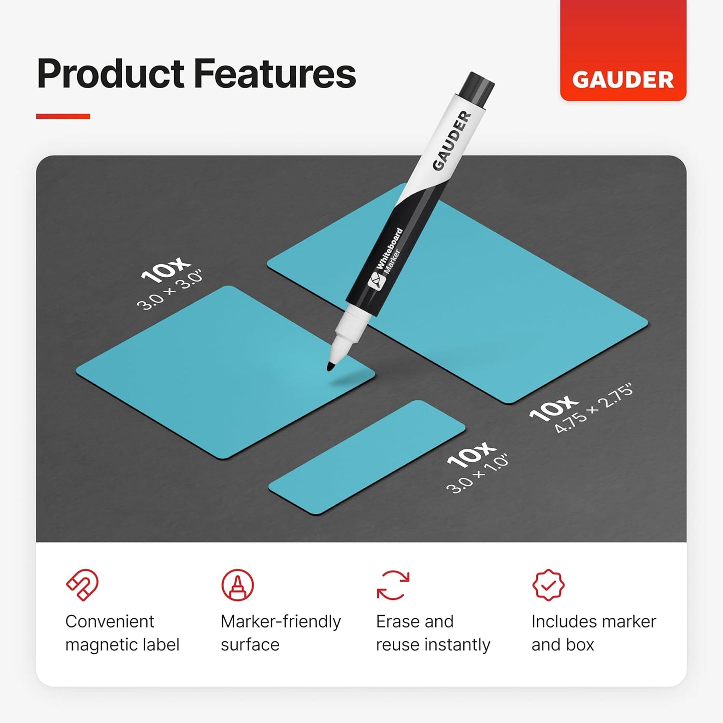 GAUDER Magnetic Dry Erase Labels | Magnetic Labels to Write on | Dry Erase Magnets for Classroom, Whiteboard & Blackboard (Different Sizes)