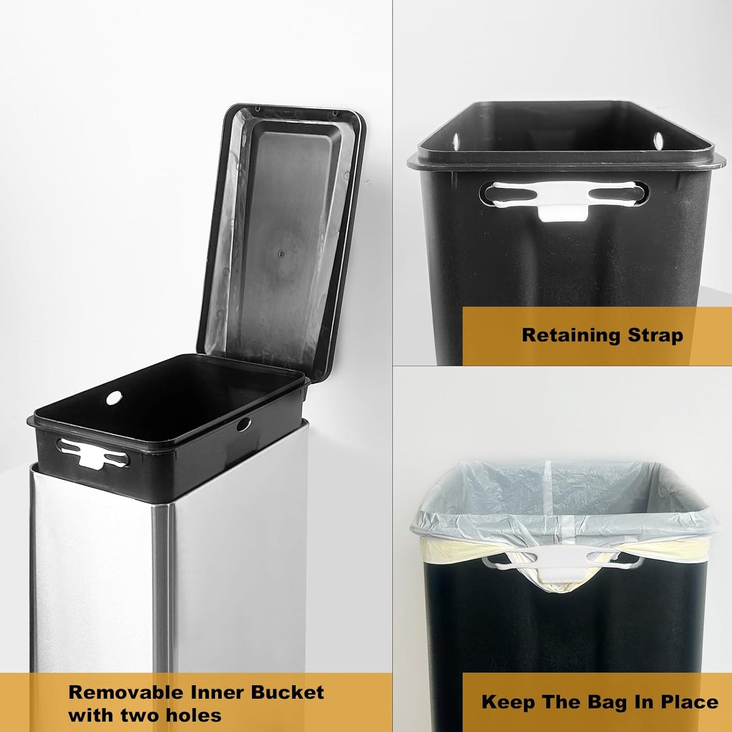 12 Gallon Trash Can with Lid，45L Kitchen Garbage Can,Stainless Steel Trash Can for Narrow Spaces with Soft-Close Lid, Inner Bucket, and Step-on Pedal