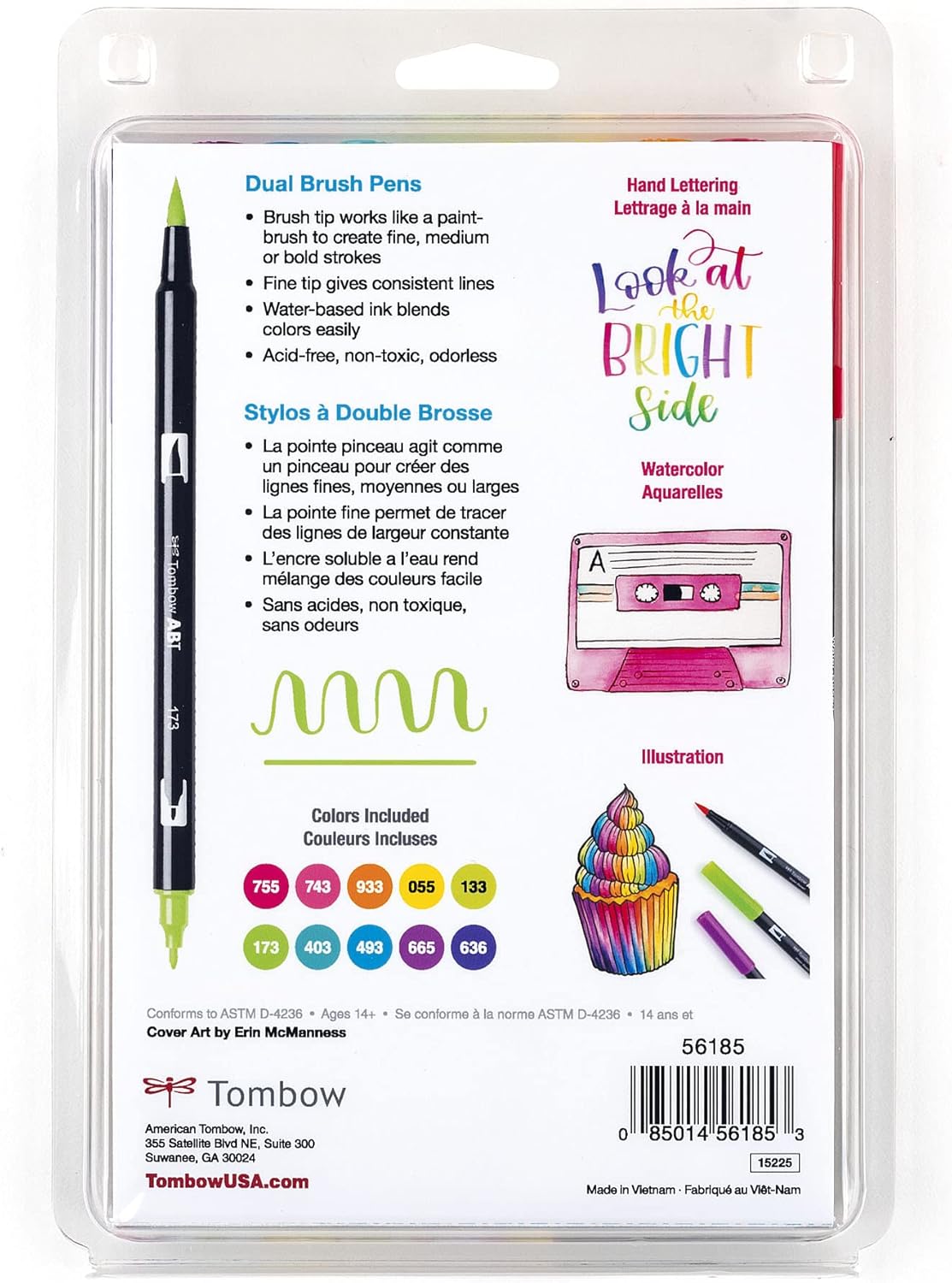 Tombow 56185 Dual Brush Pen Art Markers, Bright, 10-Pack. Blendable, Brush and Fine Tip Markers