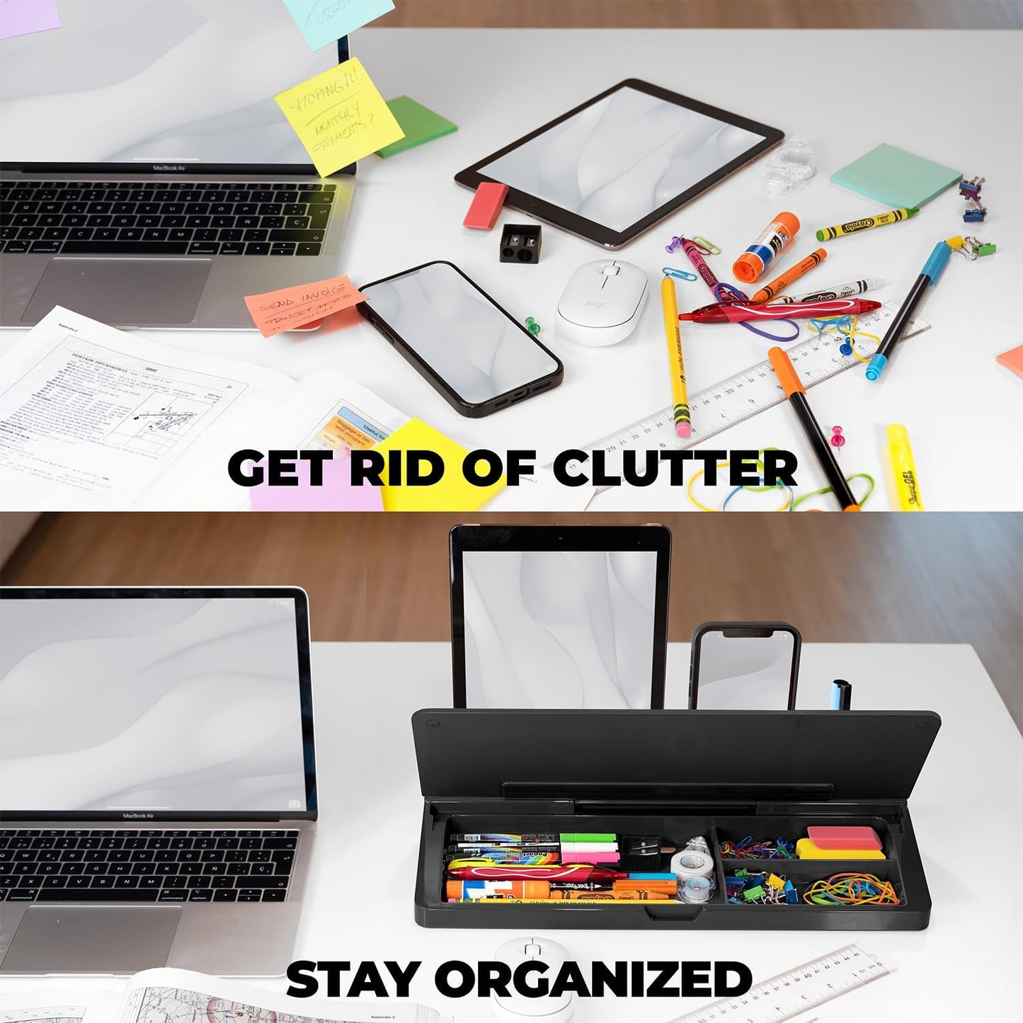 Desktop Dry Erase Board - Glass Erase Board - Black Desk Computer Buddy – Home Office & Studying Essentials - Phone & Tablet Slot, Storage Compartment - Includes 4 Markers, 1 Eraser.