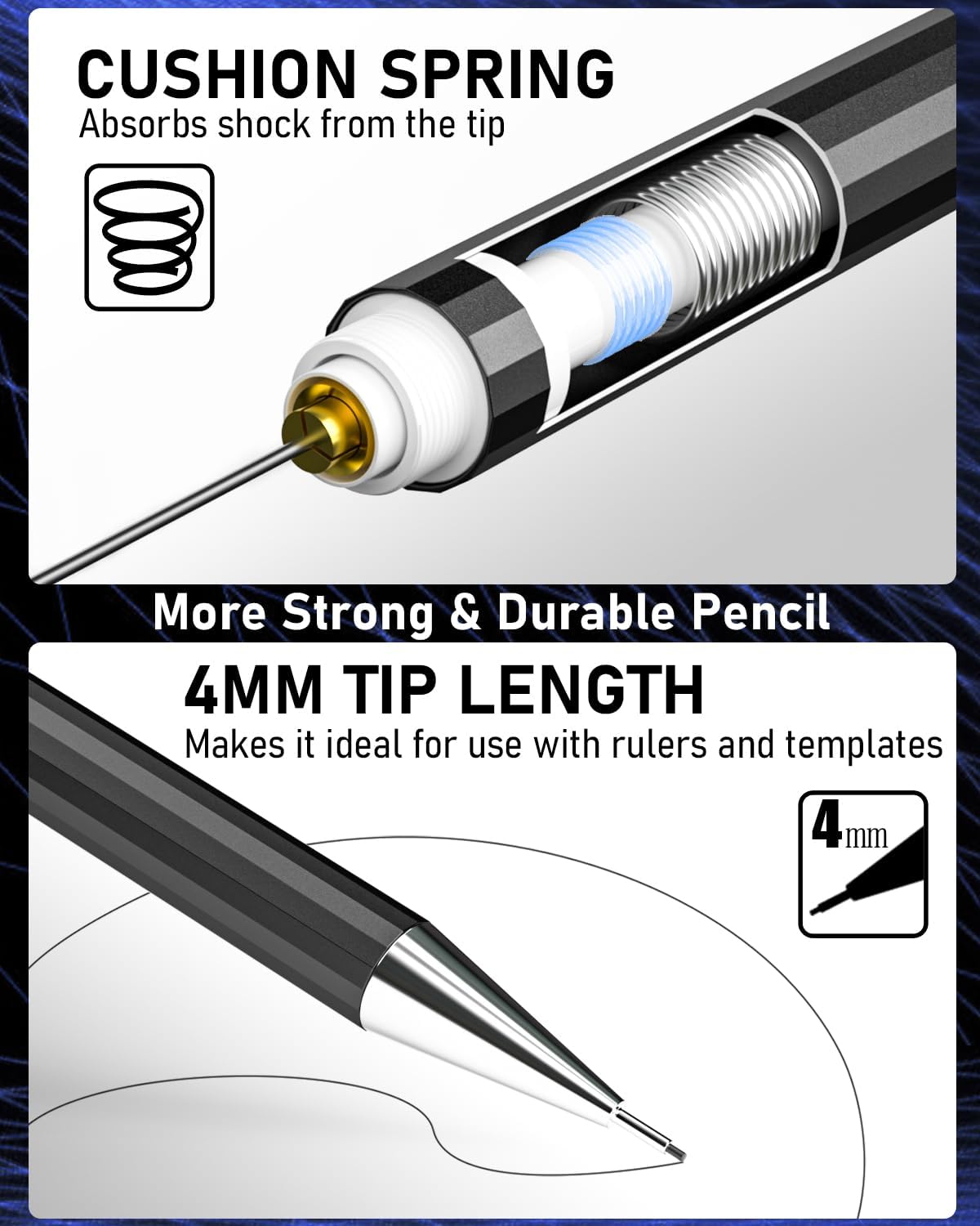 Nicpro 6 PCS Art Mechanical Pencil Set, Black Metal Drafting Pencil 0.3, 0.5, 0.7, 0.9 mm & 2PCS 2mm Graphite Lead Holder(4B 2B HB 2H) For Writing Sketching Drawing With 8 Lead Refills Eraser Case