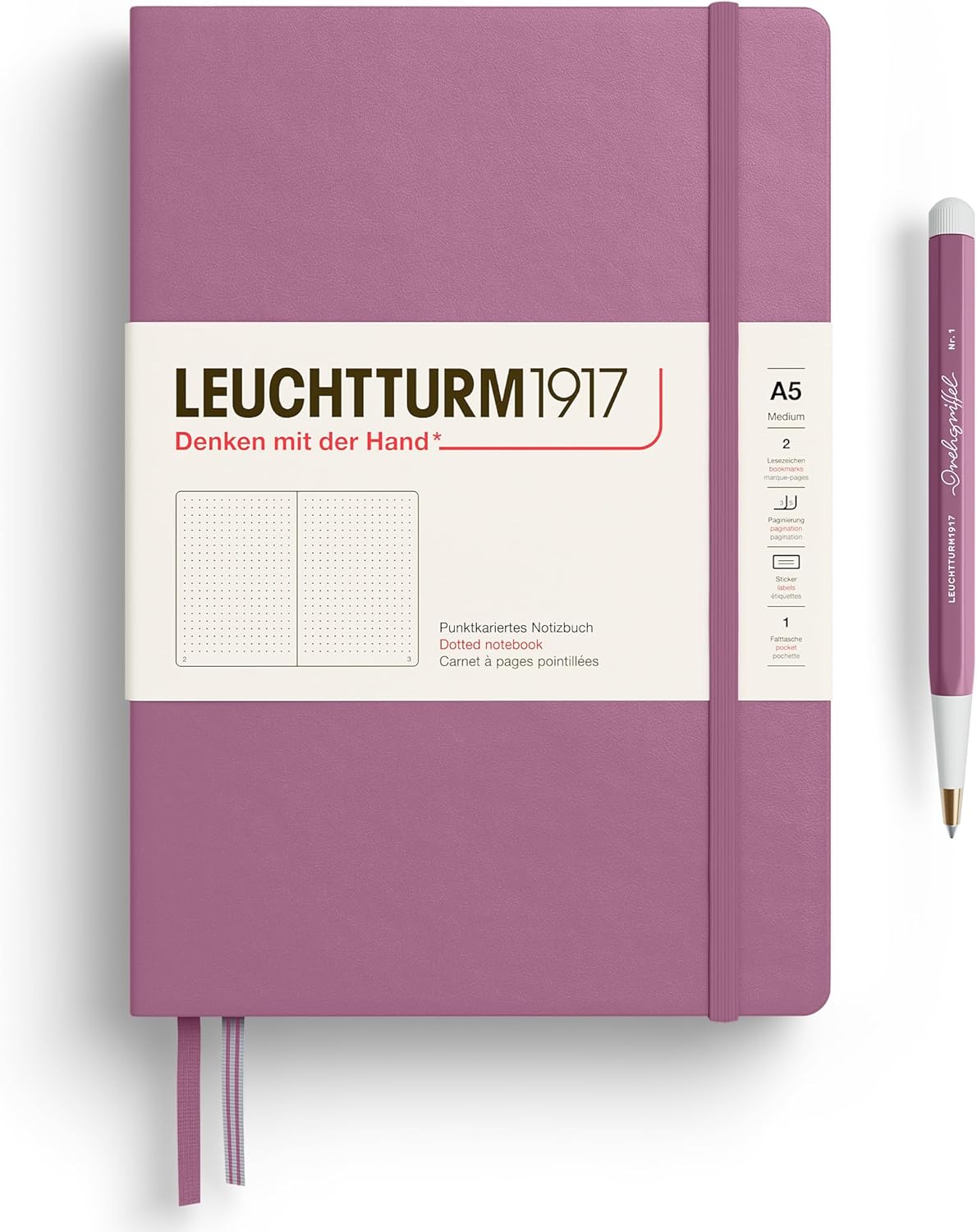LEUCHTTURM1917 - Notebook Hardcover Medium A5-251 Numbered Pages for Writing and Journaling - Thinking Ahead (Dotted Paper, Dusty Rose)