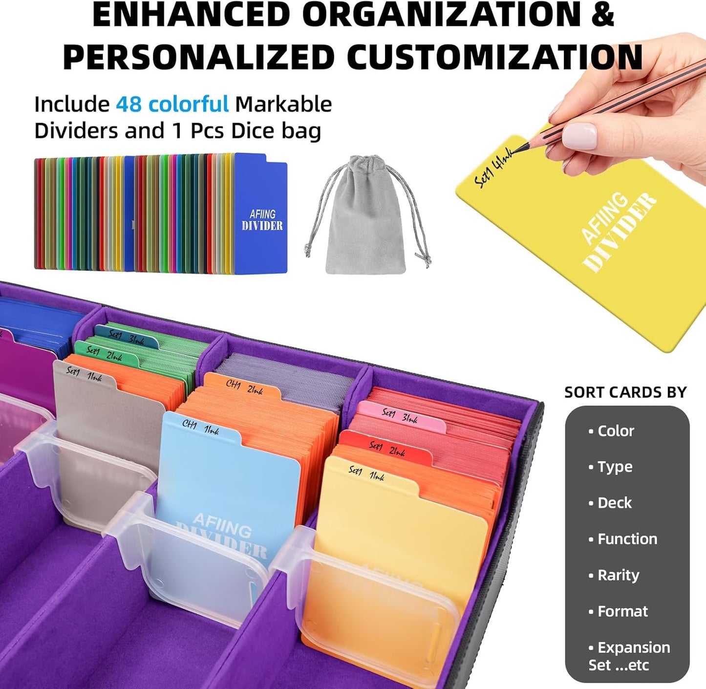 AFIING Trading Card Storage Box, MTG Deck Box with 48 Dividers & Supporters, Commander Card Deck Case Fits for Magic Game Cards, YugiOh, TCG, baseball and Sport Cards, Black Purple 3200+