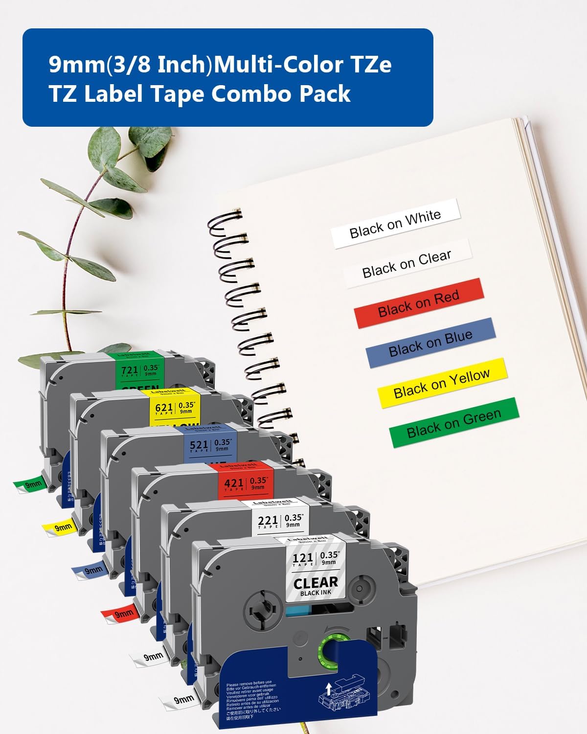 6-Pack TZe TZ Tape 9mm 0.35 Inch Laminated Multi Color Compatible for P Touch Label Tape TZe-121 221 421 521 621 721 for PTouch PT-H110 D210 D220 PT-H103W, Clear/White/Red/Blue/Yellow/Green