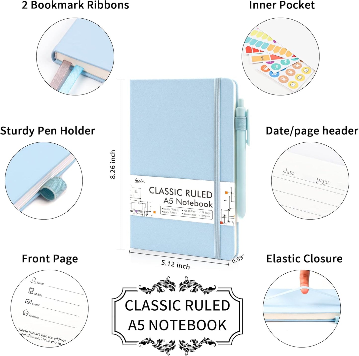 feela 5 Pack Notebooks Journals Bulk, Hardcover Notebook Classic Ruled Lined Journals with Pen Holder for Women Girls School Business Supplies, with 5 Black Pens, 120 GSM, 5.1”x8.3”, A5, Light Blue