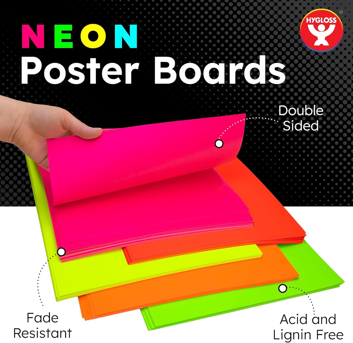 Hygloss Medium Poster Board 11x14 - 100 Assorted Neon Color Poster Boards Bulk Pack - 10 Pt. Thickness Colored Poster Board Paper for Projects, Signs, Displays - Posterboard Multipack 11" x 14"