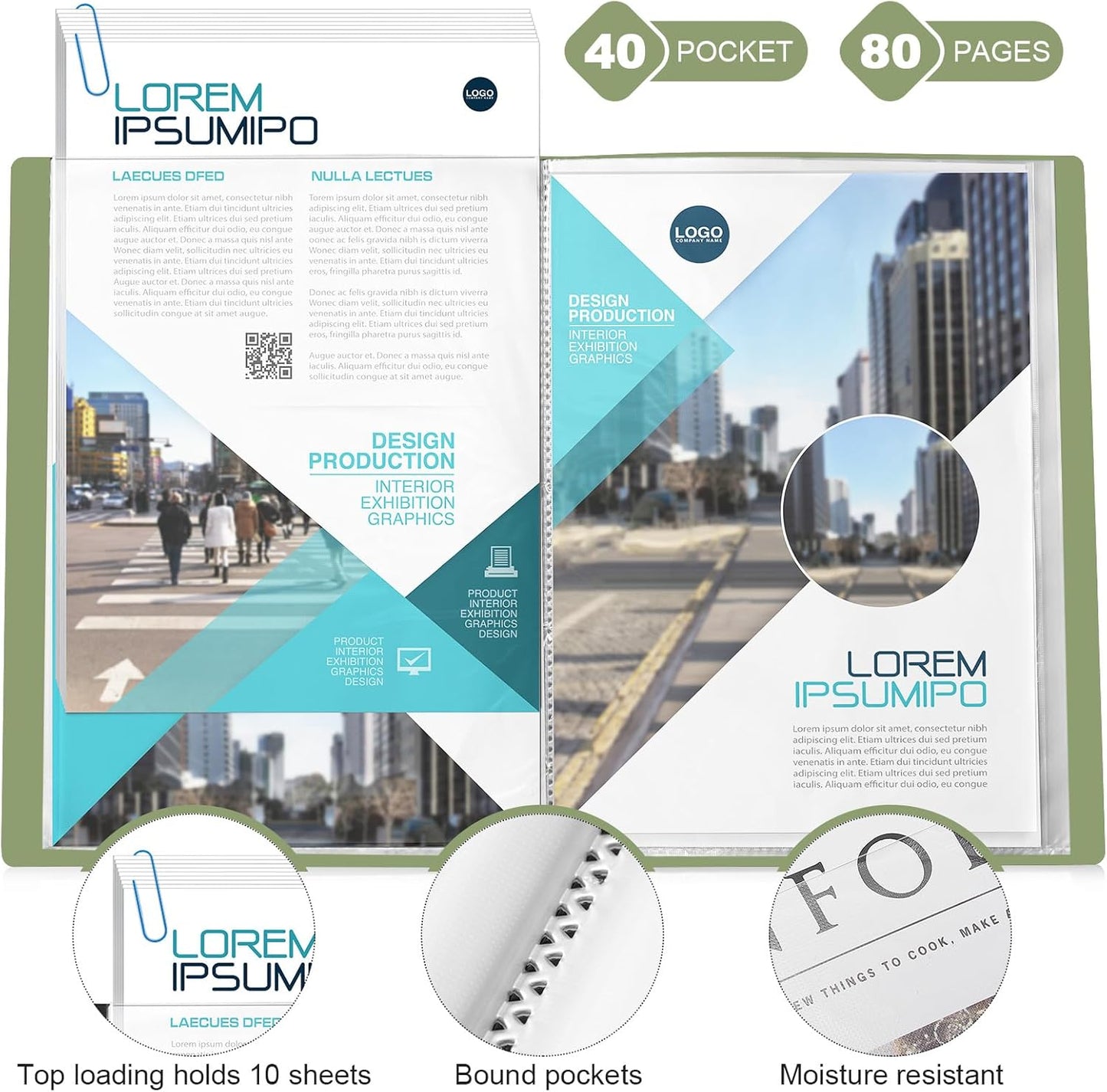 Marspark 6 Pcs Binder with Plastic Sleeves Large 8.5" x 11" Display Presentation Book 40 Pocket 80 Pages Art Portfolio Folder Clear Sheet Protector for Photo Document (Green)