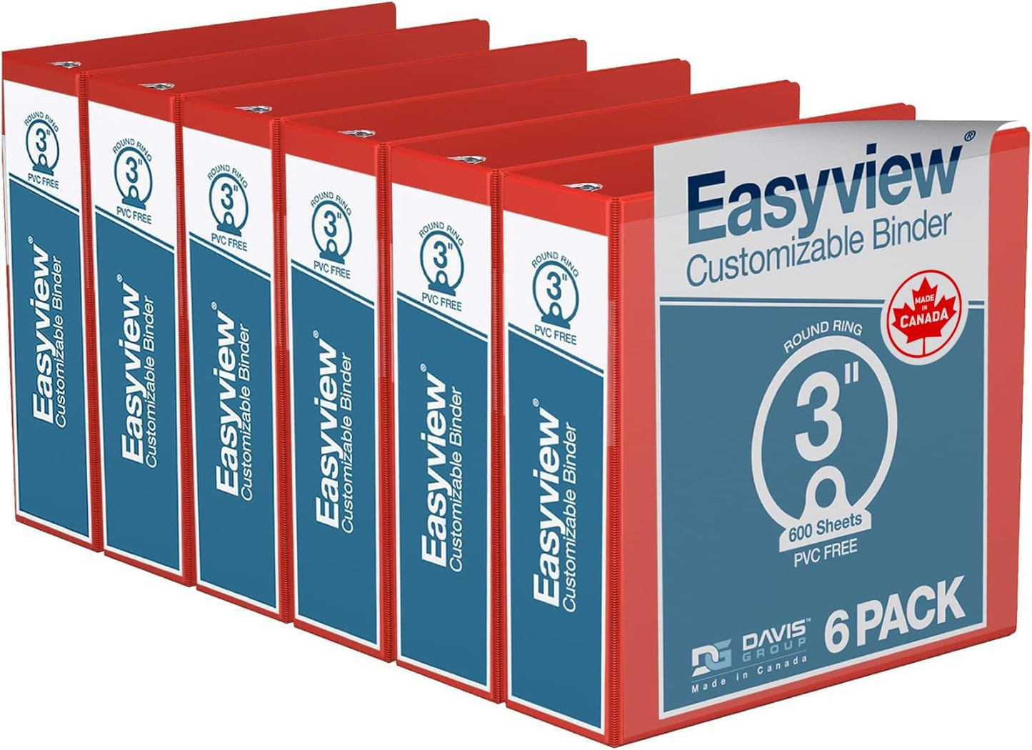 Easyview Premium 3-Ring Binders with Clear-View Covers and Round Rings, Binders for School or Office, 3 Inch, Pack of 6, Red
