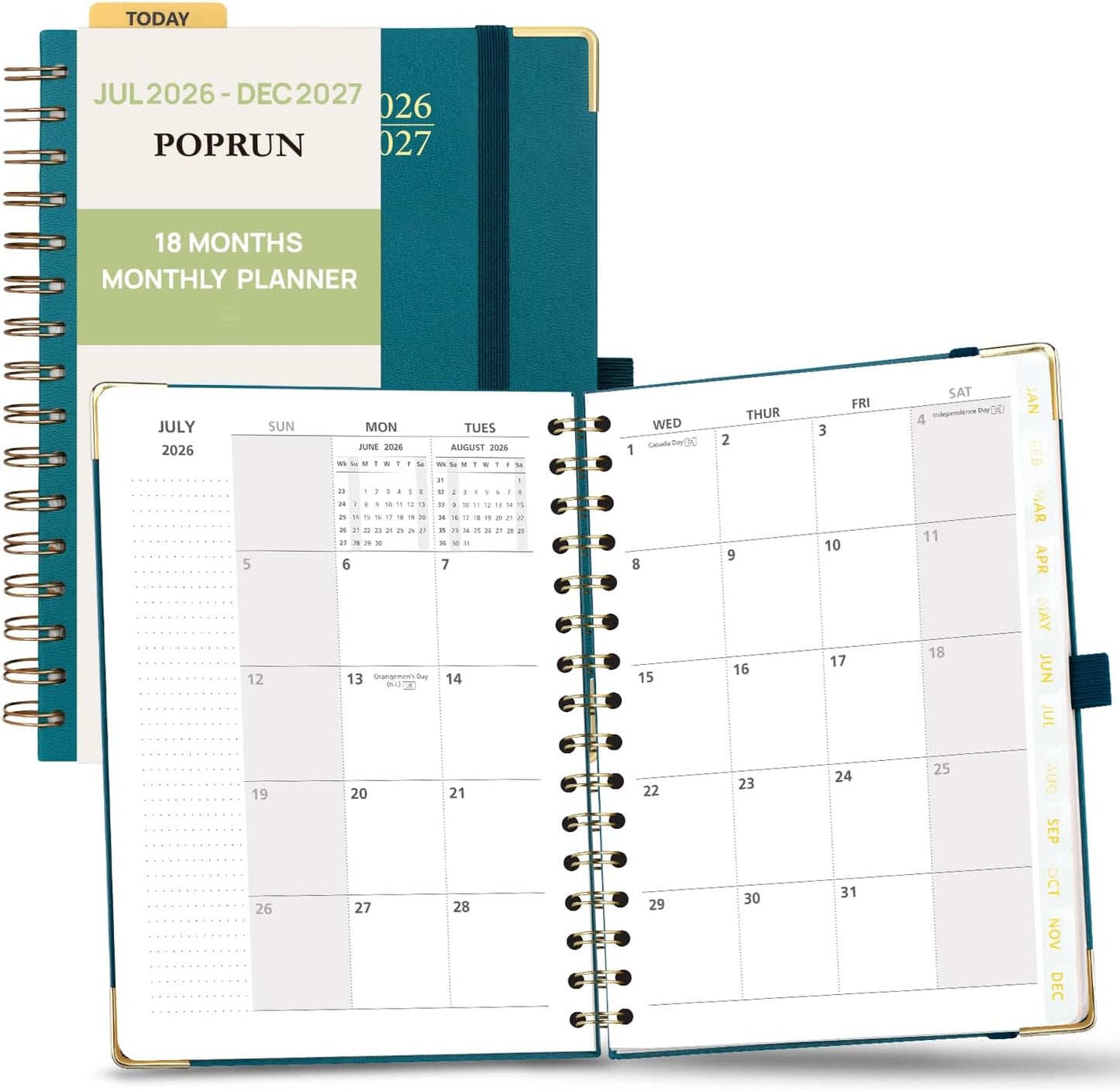 POPRUN Monthly Planner 2026-2027 Spiral Hardcover (6.25'' x 8.5''), 18 Months Calendar (Jan.2026-Jun.2027) - 2 Pages per Month with Dotted Note Pages, Sunday Start, Laminated Tab - Pacific Green
