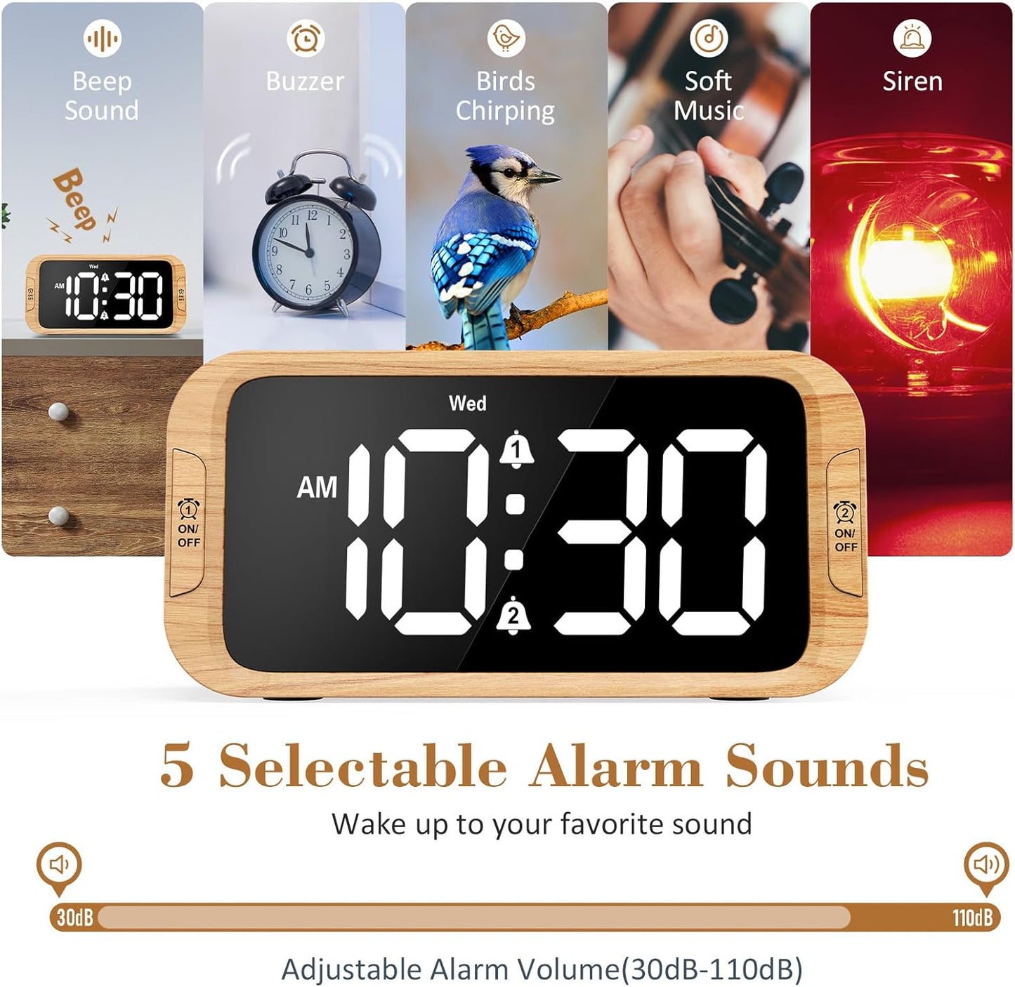 Digital Dual Alarm Clock for Bedroom, 0-100% Dimmer, Weekday/Weekend Mode, Easy to Set, USB Charger, Adjustable Alarm Volume with 5 Alarm Sounds, Snooze, 12/24Hr, Battery Backup (Wood Grain)