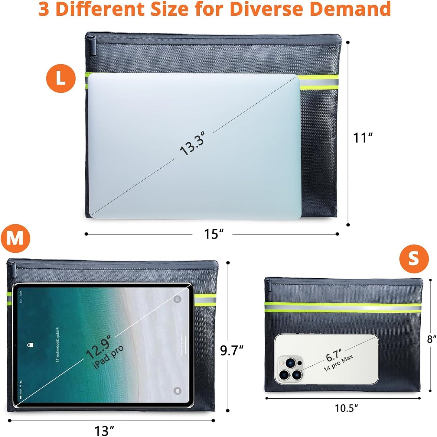 Fireproof Document Bag – 3 Pack (15" x 11", 13" x 9.7", 10.5" x 8") Fireproof & Water- proof Document Organizer | Document Holder with Zipper Secure for Cash, Passports, Check& More