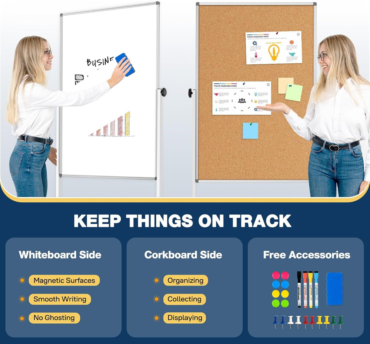 [13 Sq/ft] WALGLASS Rolling Whiteboard & Corkboard Combo with Stand, 24"x40" Reversible Double-Sided White Board Cork Board Combination, Mobile Dry Erase and Bulletin Boards on Wheels