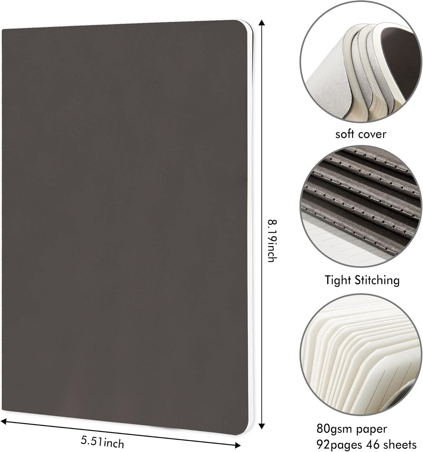 feela 8 Pack Soft Cover Journal Bulk, Notebooks College Ruled for Work, Lined Travel Journal for Women Men, Note Taking Notebook School Supplies Business Writing, 8.2” x 5.5”, A5, Gray