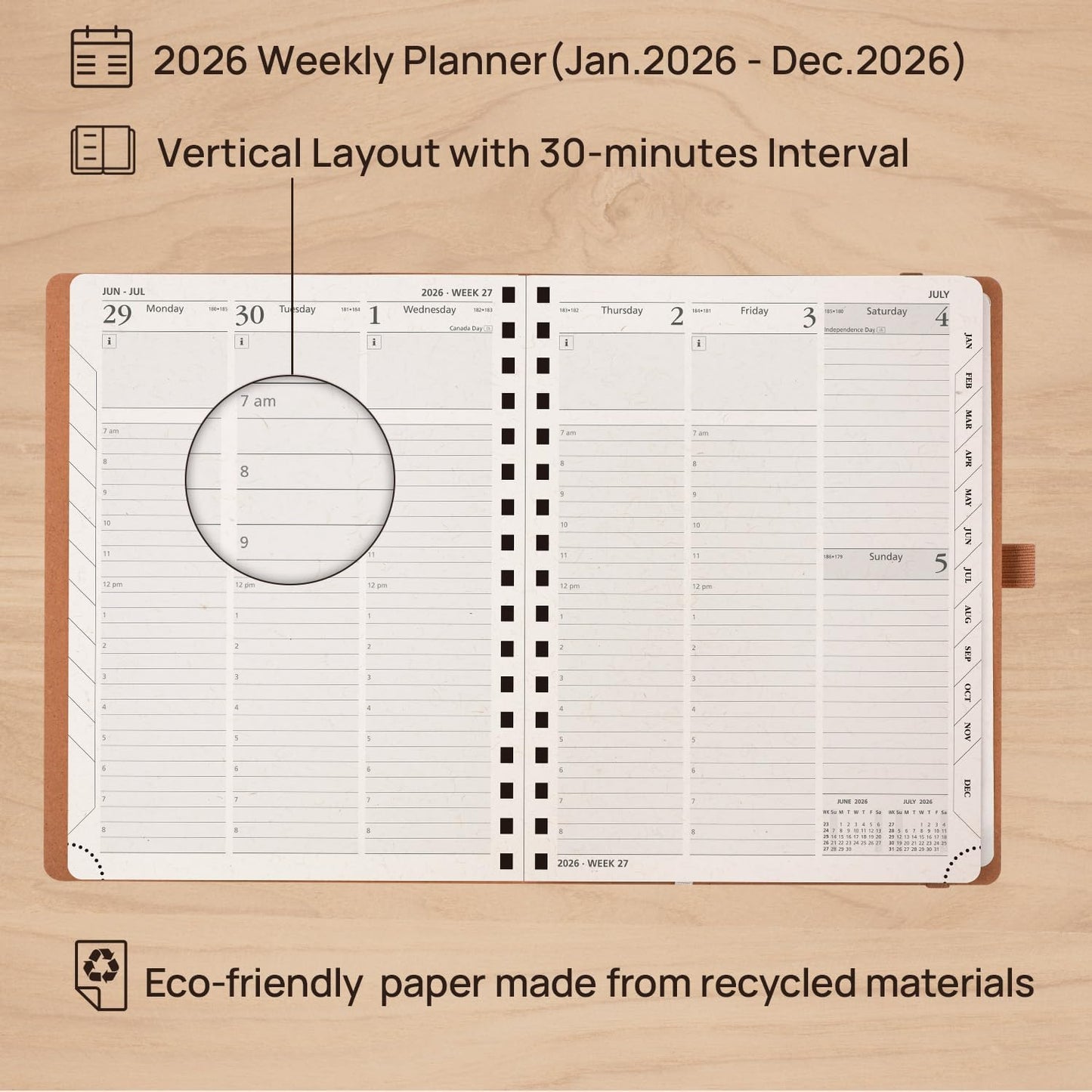 POPRUN 2026 Planner - 2026 Recycled Weekly Planner [Italian Regenrated Leather - Medium Size 6.5'' x 8.5''] - 2026 Weekly Planner with Hourly Schedule, Monthly Tabs-26-WERO7-DST - Desert Brown