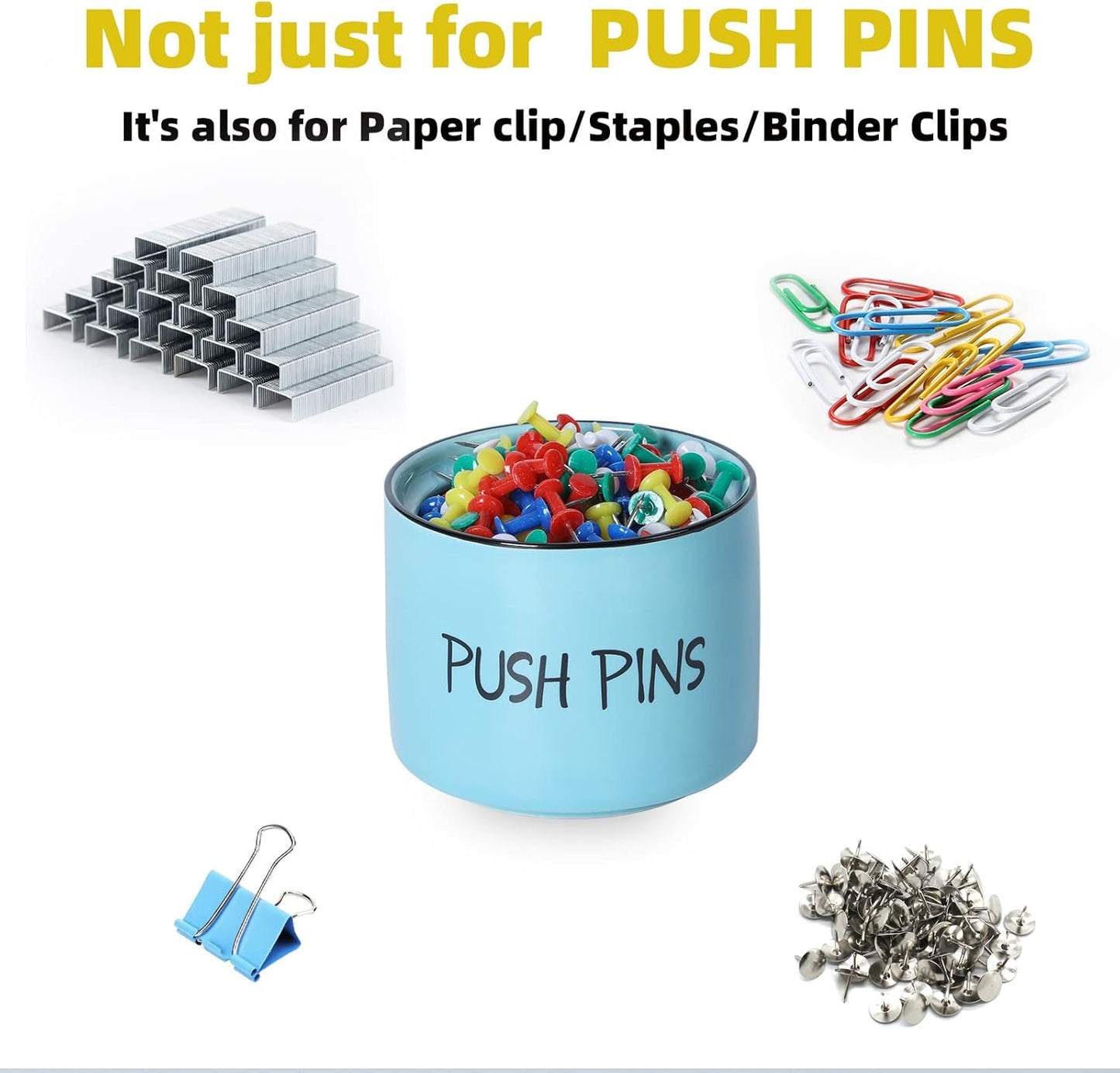 Ceramic Push Pins Holder, Paper Clips Dispenser Organizer for Desk and Binder Clips Holders Container for Office School Home Supplies 3.4Inch, Turquoise