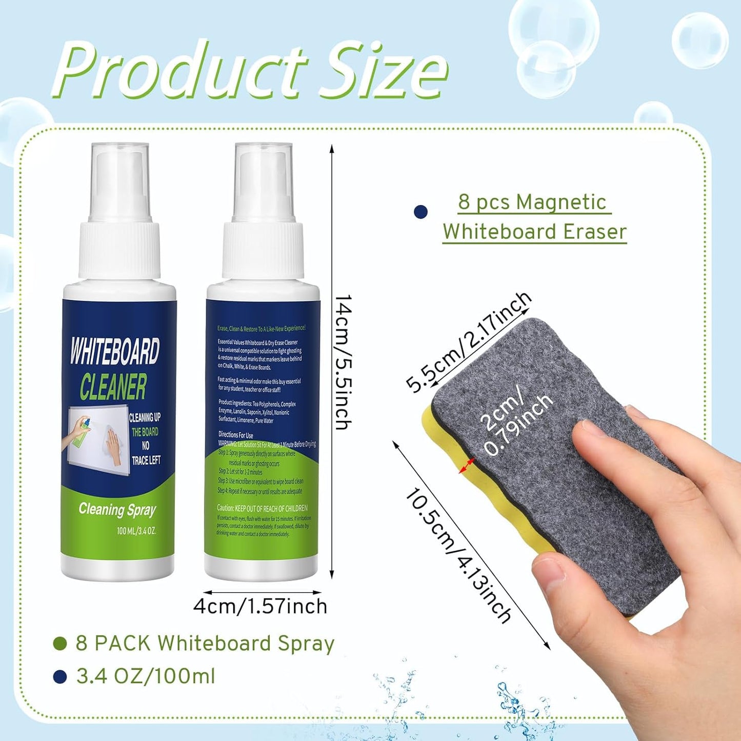 8 Pack Whiteboard Cleaner 3.4 fl oz Whiteboard Cleaning Spray Dry Erase Board Liquid Cleaner with 8 Pack Magnetic Chalkboard Board Erasers White Board Eraser for Classrooms, Home, Office