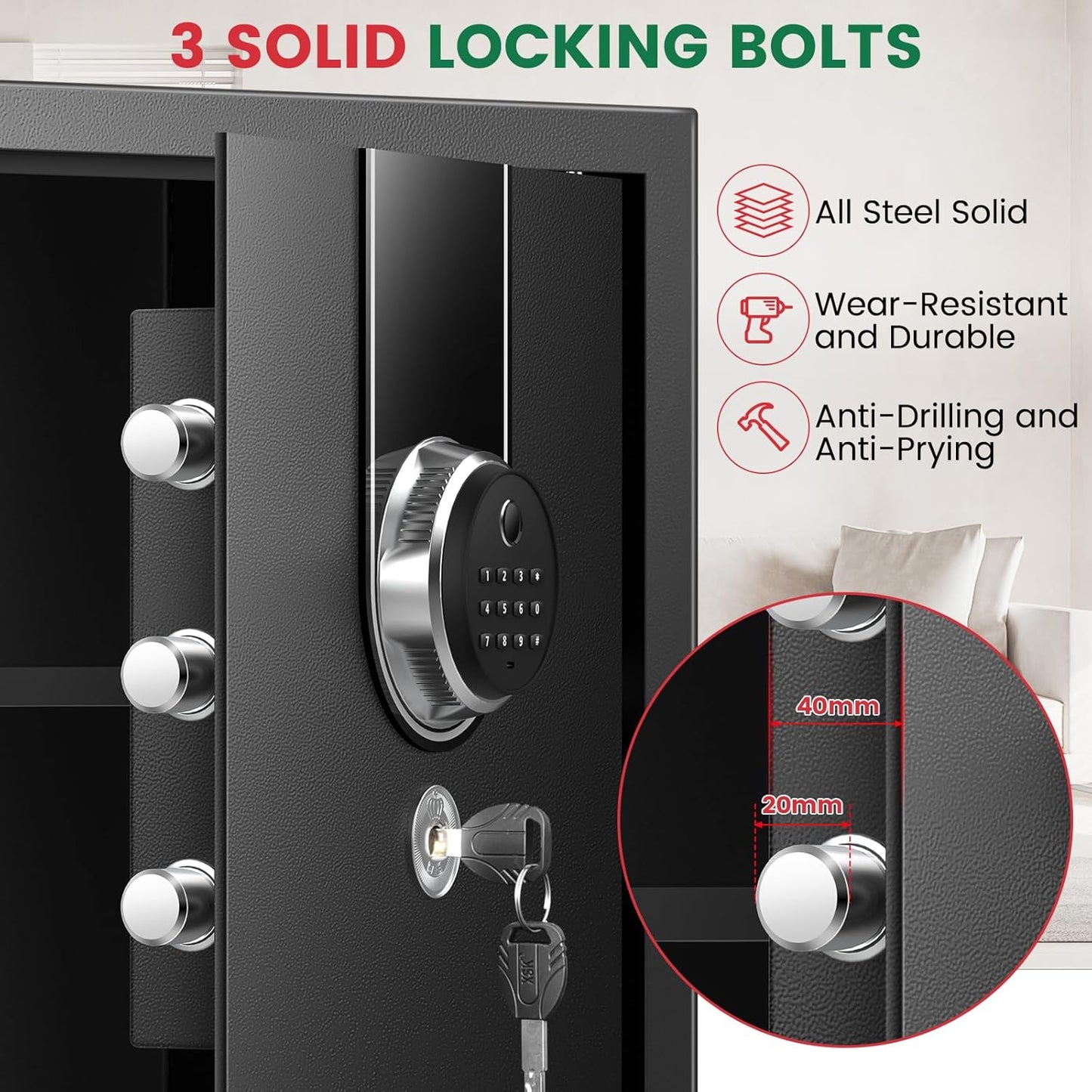 2.0 Cuft Biometric Safe Box, Fireproof Safe for Home with Digital Keypad and Spare Keys, Safety Box for Money, Documents, and other Valuables