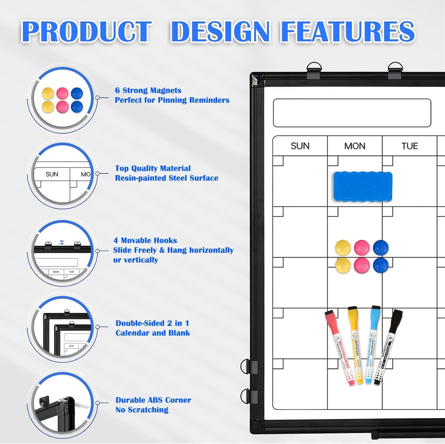 Monthly Calendar Dry Erase Whiteboard, 24" x 18" Magnetic Calendar White Board, Double-Sided Portable Board with Black Aluminium Frame for Office, Kitchen, School, Home