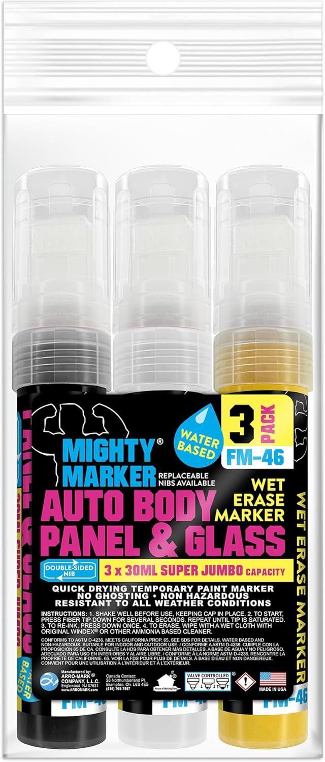 FM-46 Auto Body and Glass Super Jumbo Paint Marker, No-Ghost Formula, Water-Resistant, Valve Action, Removable, Water-Based, 30ml Capacity, Made in USA, Assorted 3 Pack