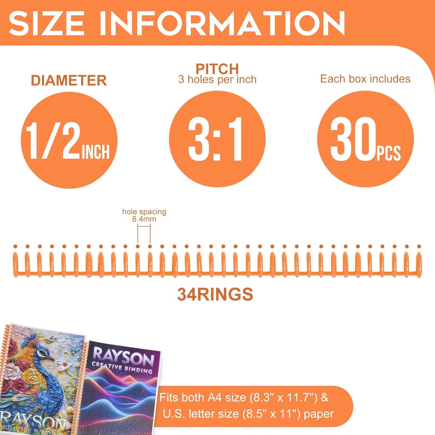 Rayson PROC1230OR Click Binding Spines, 3:1 Pitch, 1/2" Diameter, 90 Sheets Binding Capacity, Orange, 30/Box