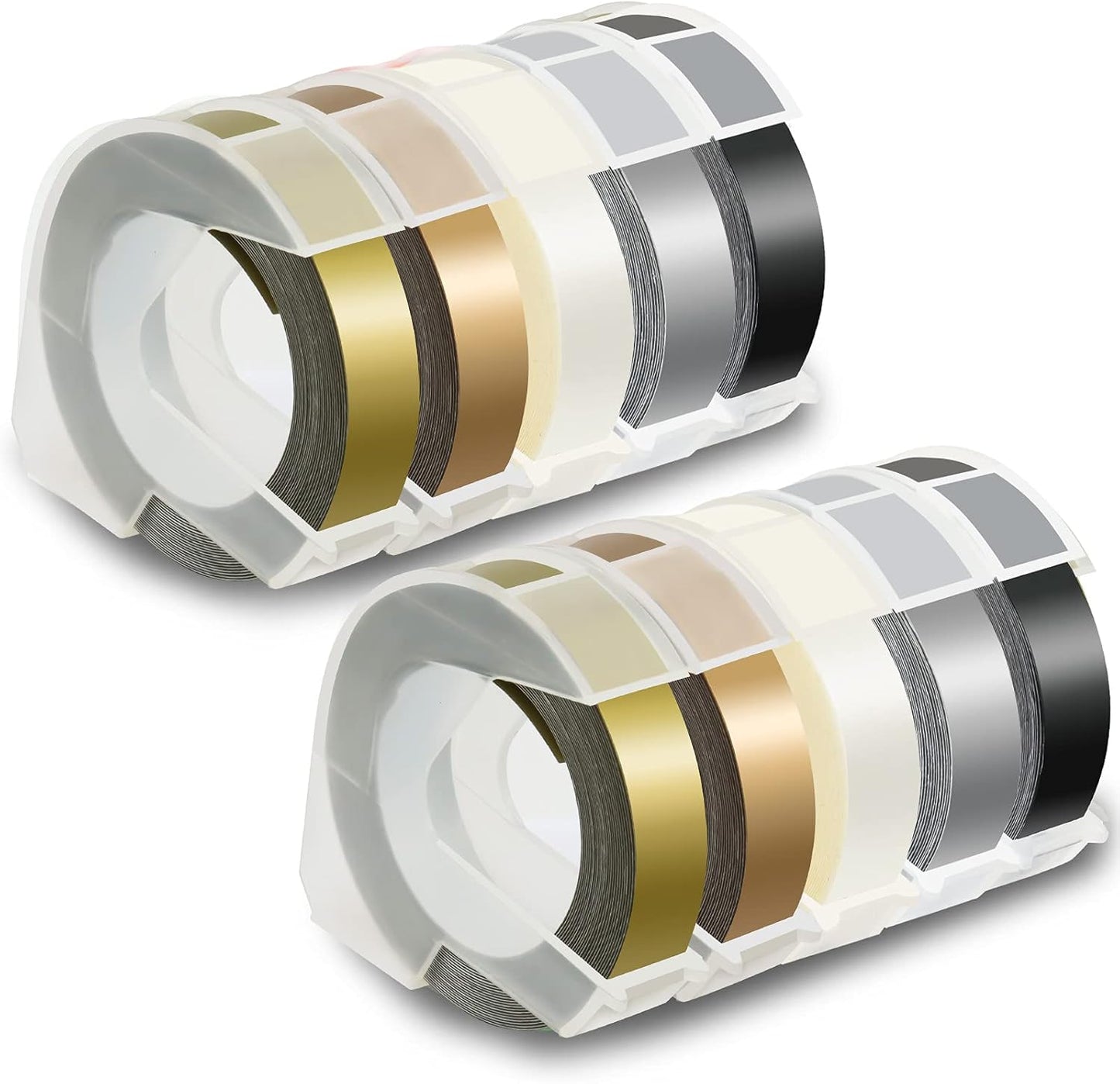 Pristar 3D Embossing Tape 9mm Self-Adhesive Compatible for Dymo Embossing Label Maker Omega DYM12966 Organizer Xpress Pro, White on Black/Silver/Clear/Gold/Champagne Gold, 3/8 in x 9.8 ft, 10-Pack