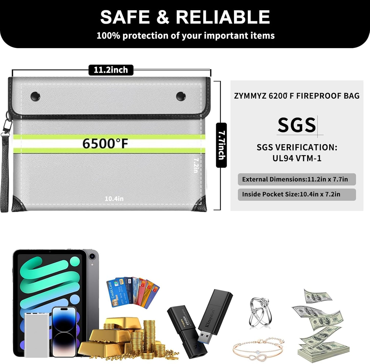 6200°F Upgraded Fireproof Document Bag with Waterproof Zipper,9 Layers of Heat Insulated Materials,Fireproof Money Bag for Cash,Valuables and Important Documents（Not Suitable for A4 Files）