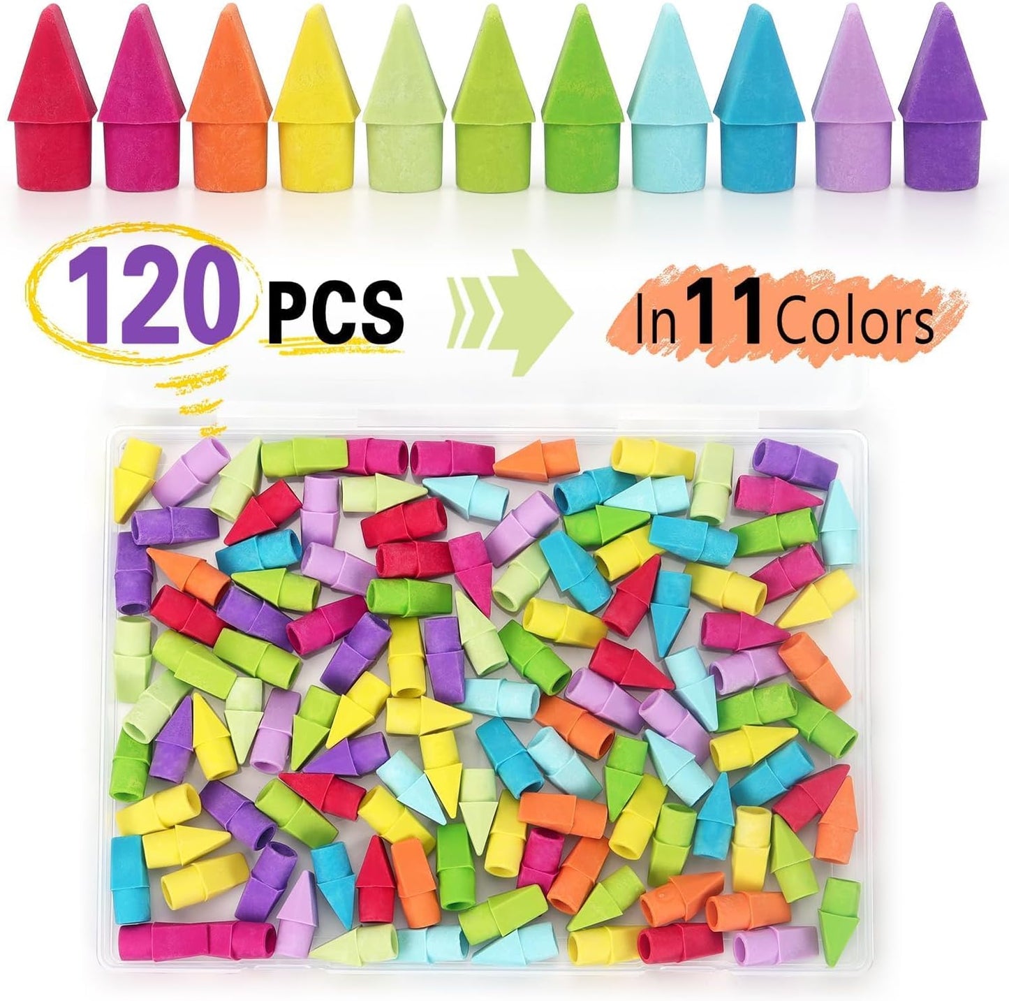 ZZTX Pencil Top Erasers, 120 Pack Eraser Caps Bulk, Erasers for Pencils, Eraser Toppers for Kids School Home Office, 11 Assorted Colors Erasers