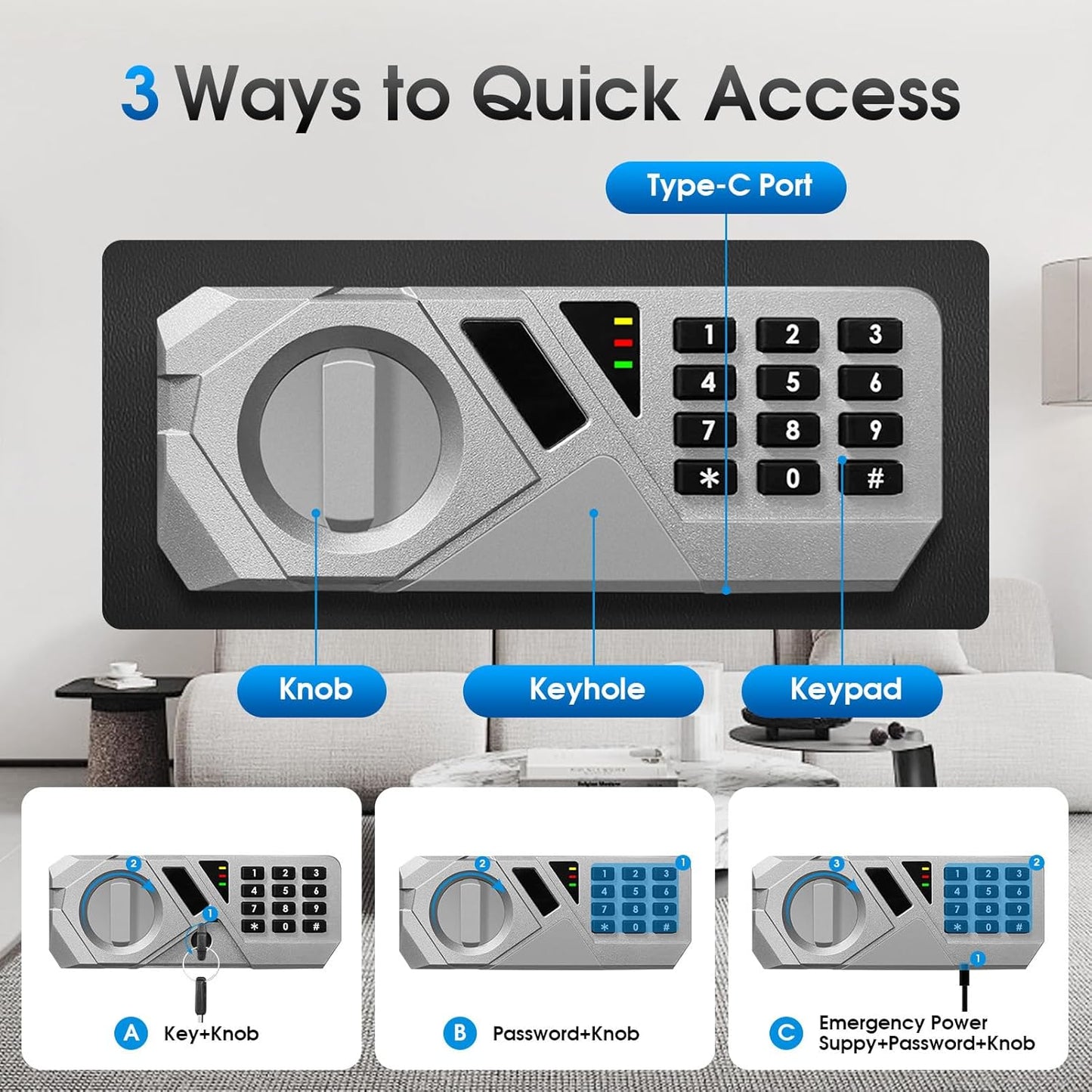1.3 Cu Ft Small Fireproof Home Safe Box - External Type-C Backup, Steel Security Combination Key Lock Box with Removable Shelf, Safety Box for Document Jewelry Money