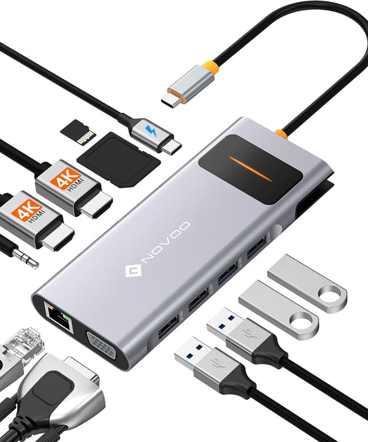 NOVOO USB C Docking Station Dual Monitor HDMI for Dell HP Laptop Type USB C Hub Multiport Adapter Thunderbolt 3 Dongle to 2 HDMI 4K Ethernet 4 USB PD SD TF Audio for Lenovo Surface