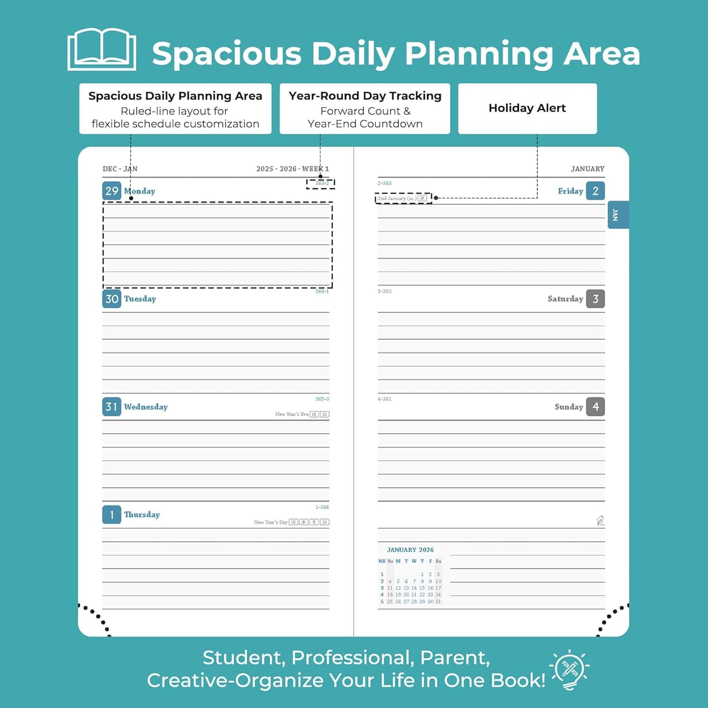 Weekly Monthly 2026 Planner (Jan.26-Dec.26),6.5"x3.75",12 Months Agenda Plan with Month Tabs & Pocket,Expenses/Note Pages, Appointment Book Calendar with Vegan Leather Cover,Light Blue