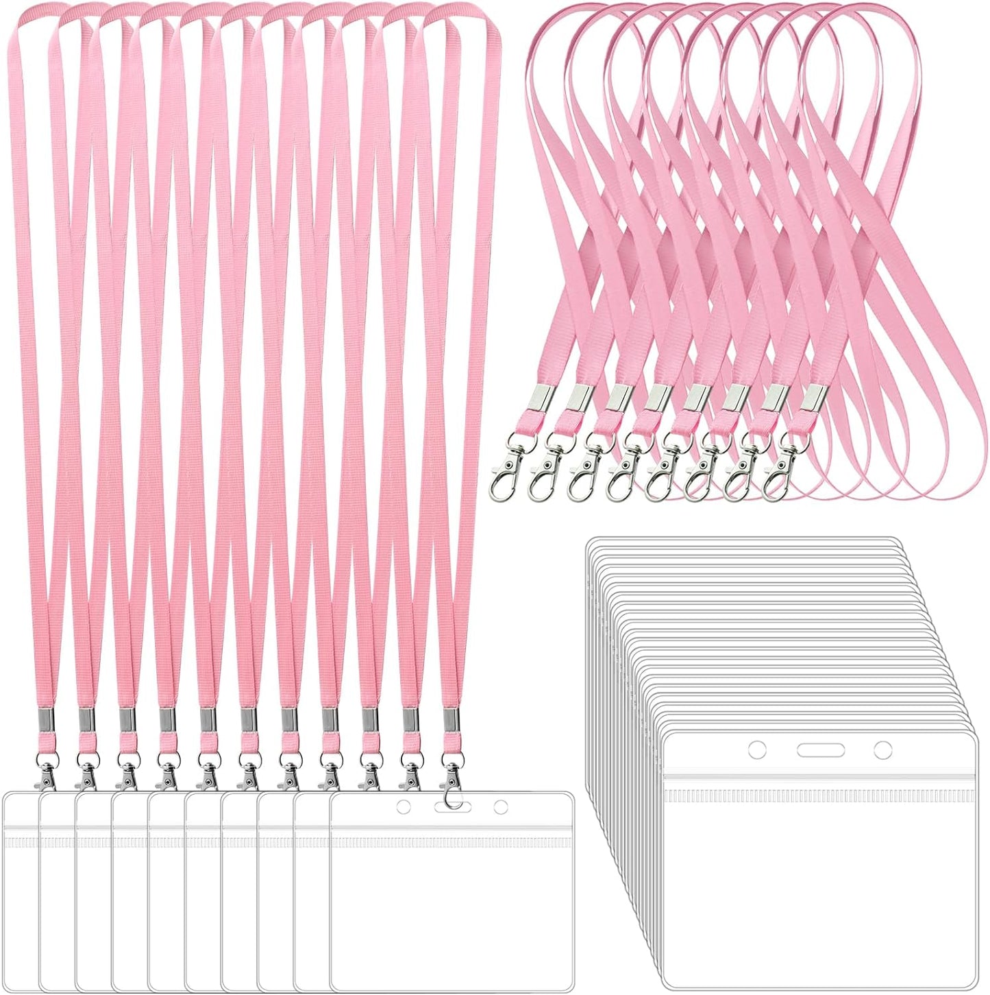 100 Pack Lanyards for ID Badges with Clear Name Tags, Reusable Lanyards Horizontal ID Card Badge Holders Plastic Name Badges for Men Women Kids Business School and Office Supplies (Pink)