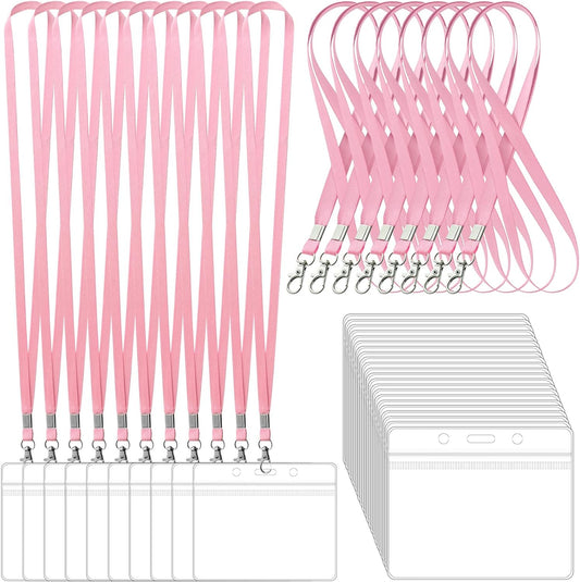 100 Pack Lanyards for ID Badges with Clear Name Tags, Reusable Lanyards Horizontal ID Card Badge Holders Plastic Name Badges for Men Women Kids Business School and Office Supplies (Pink)
