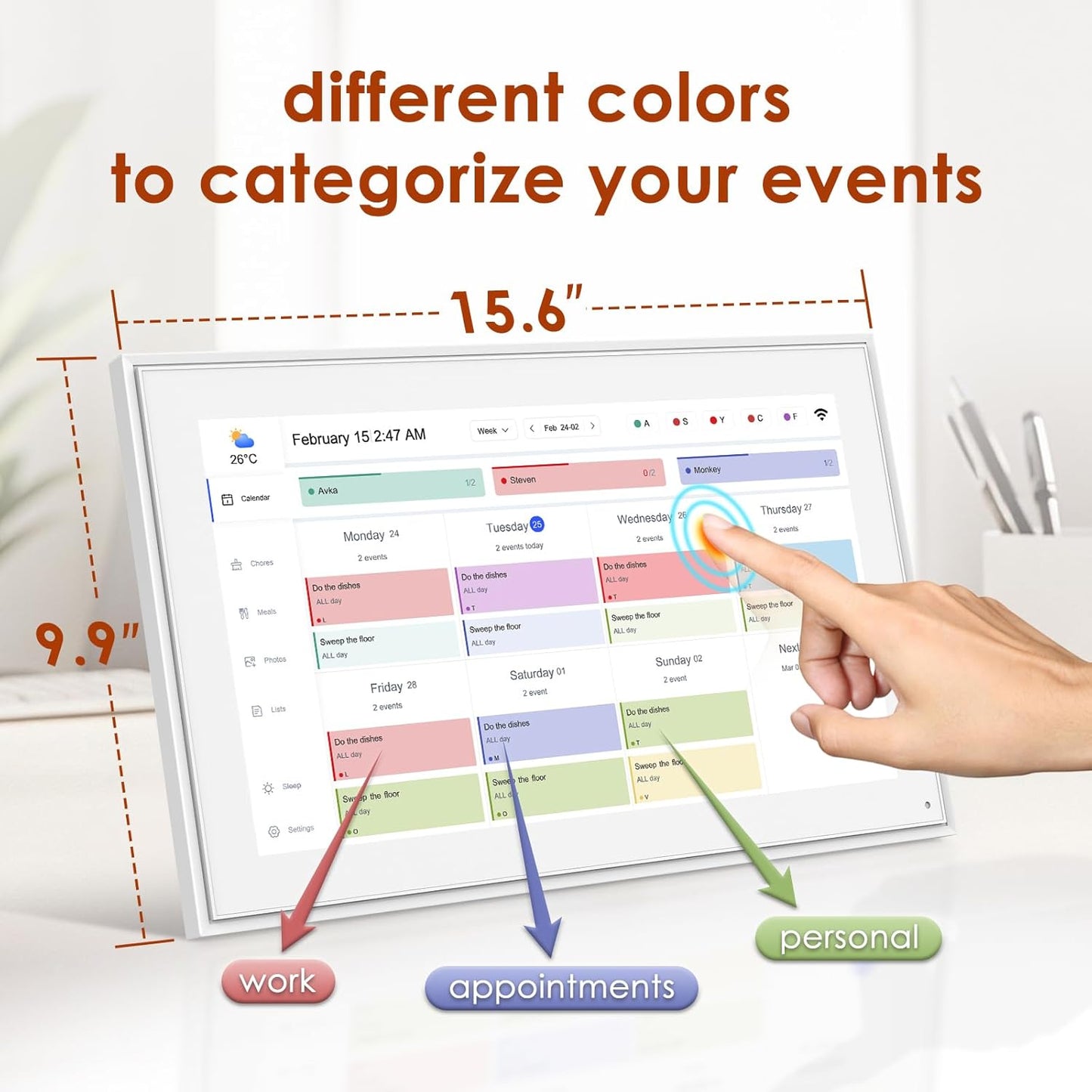 Digital Calendar 15.6 Inch, Electronic Calendar Chore Family Schedules, Smart Weekly and Monthly Planner, 1920 * 1080P IPS Touchscreen Interactive Display - Wall Mount White