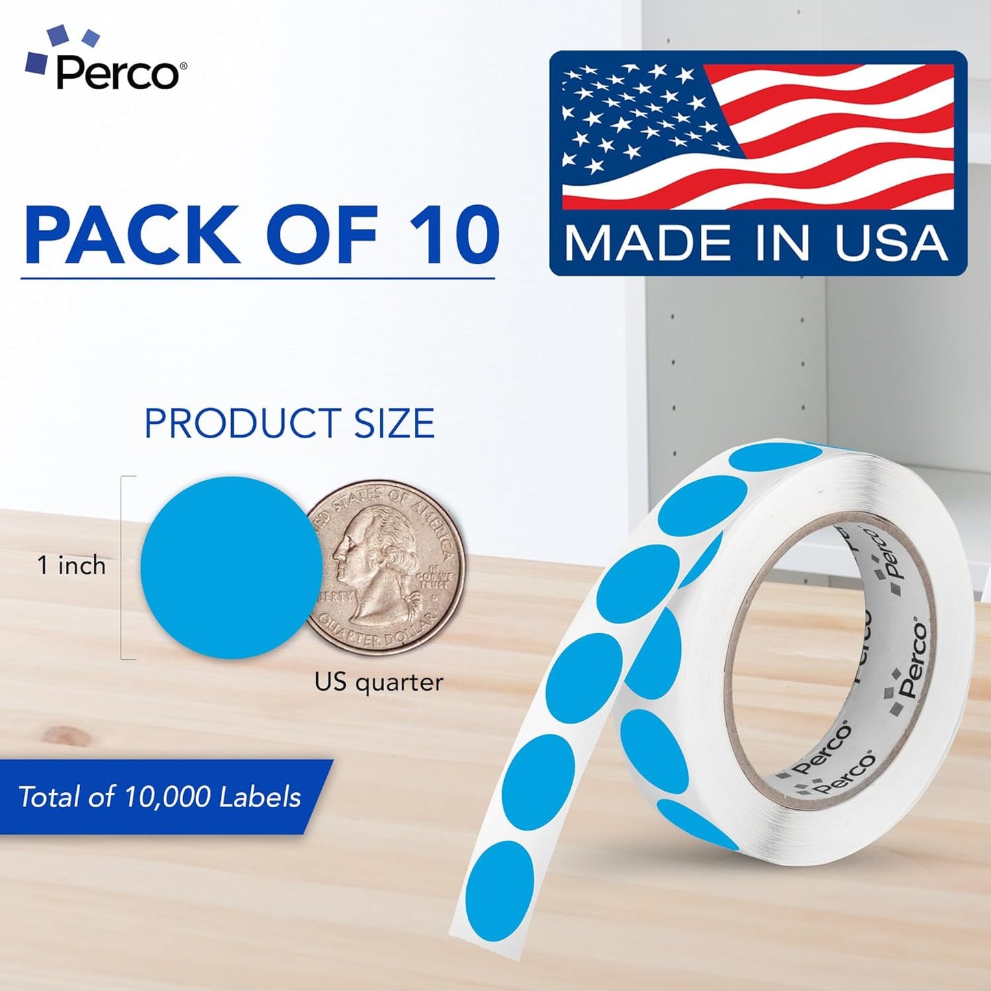 Perco Light Blue 1-Inch Perforated Circle Dot Sticker Labels — 10 Rolls, 10,000 Round Stickers — with Permanent Adhesive for Inventory Management, Color Coding, Garage Sales, Crafts—Made in USA