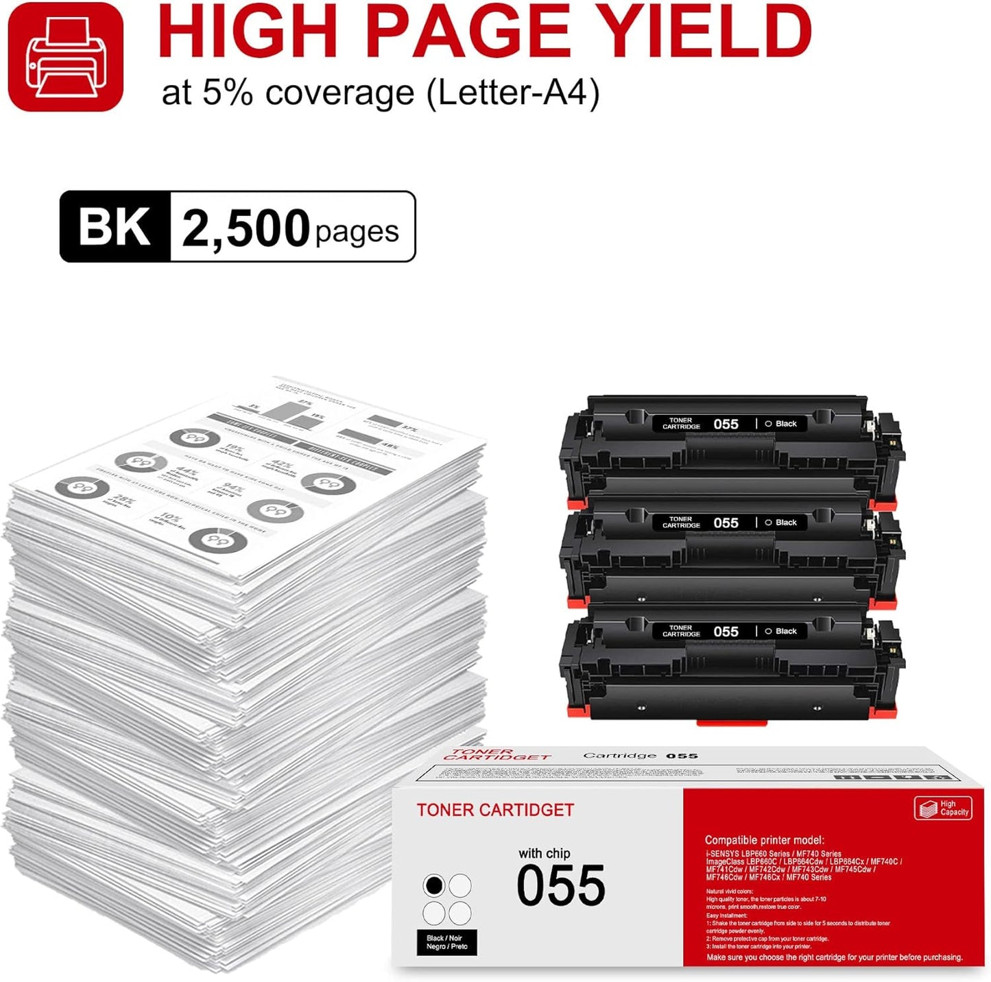 3 Pack 055 3016C001 Black Toner Cartridge: Compatible CRG-055 Replacement for Canon i-SENSYS LBP660 MF740 Series ImageClass LBP660C LBP664Cdw LBP664Cx MF740C MF741Cdw MF743Cdw MF740 Series Printer