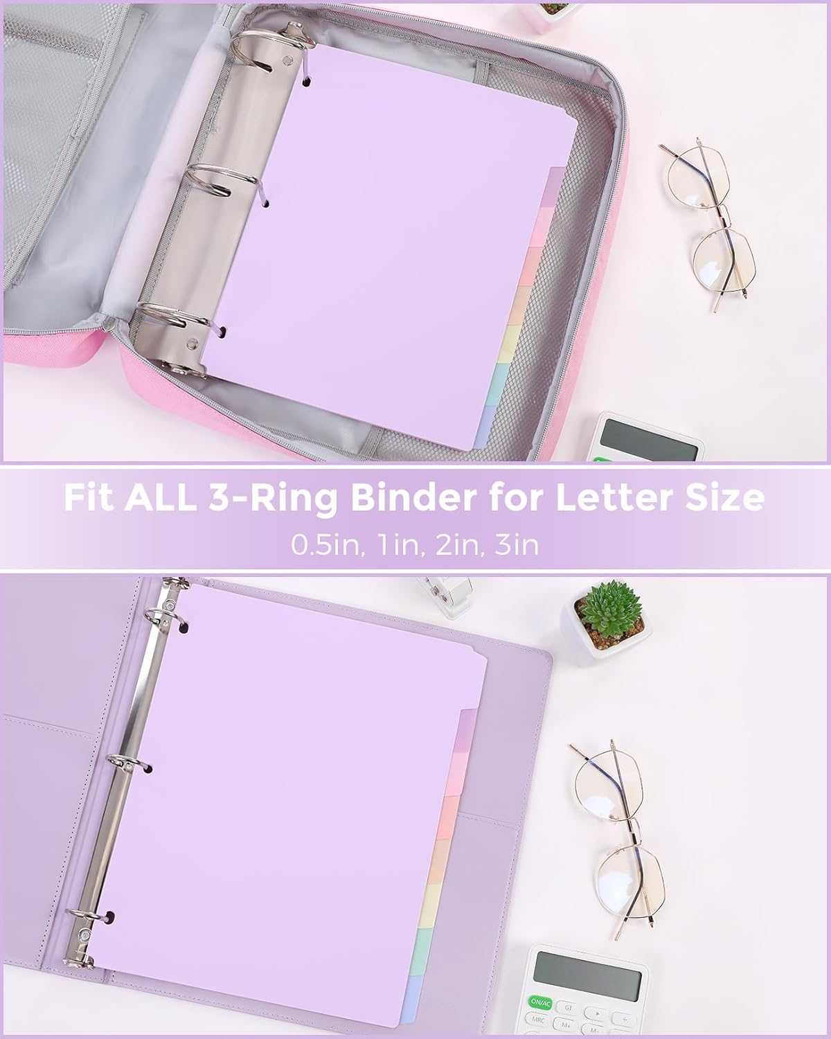 SKYDUE Durable Plastic 8-Tab Dividers, Big Tab Dividers for 3 Ring Binder, Write&Erase 3 Ring Binder Dividers with Tabs,with Sticker Labels, 1 Set, Pastel Color (Purple)