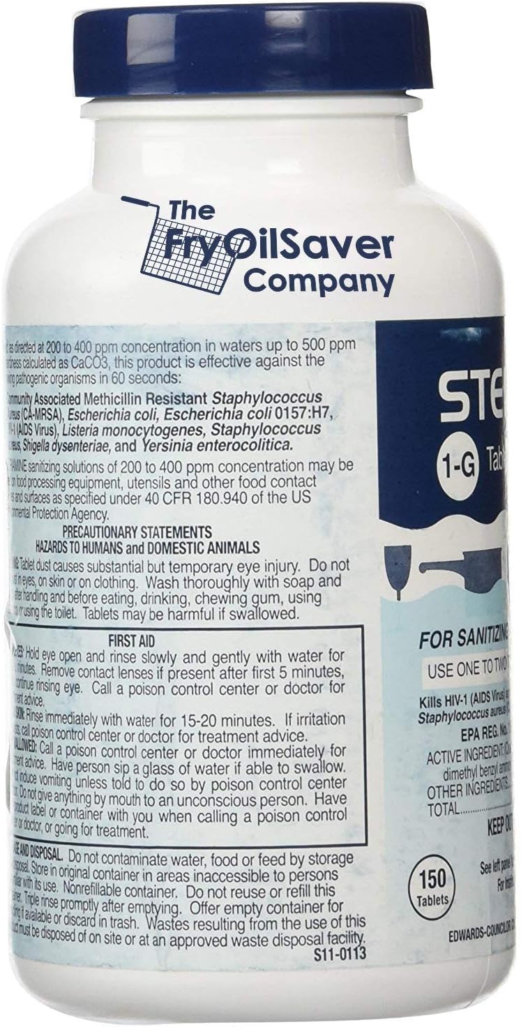 Steramine Sanitizer Tablet w/ 15x QT-10 Test Strips, Multi Purpose Sanitizing Tablet for Food Contact Surface, Kitchen, Restaurant, Steramine Sanitizer Tab for Food Service by FryOilSaver(150 Tablets)