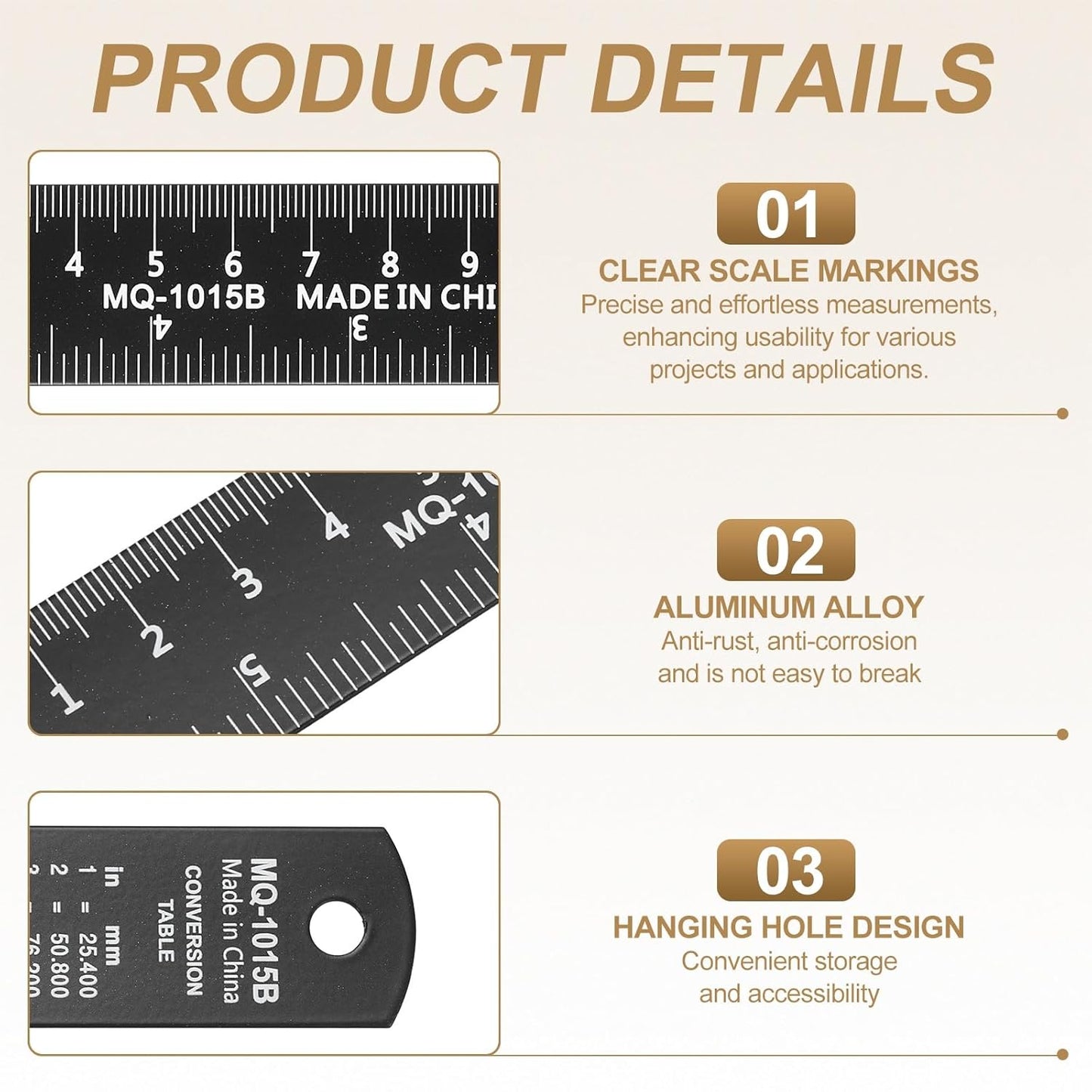 HARFINGTON 4pcs Metal Straight Ruler 15cm Metric SAE Aluminum Alloy Measuring Rulers Scale Tool with Hole for Measure Study Reading Classroom Office, Black