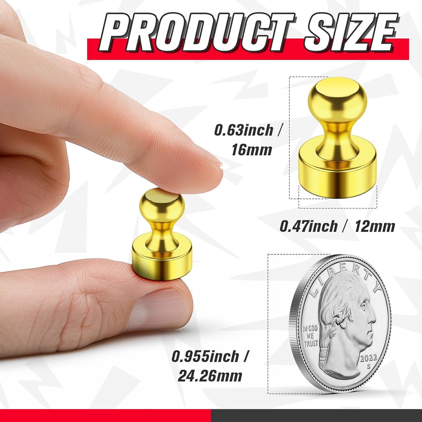 FINDMAG 28 PCS Refrigerator Magnets, Strong Whiteboard Magnets, Gold Magnetic Push Pins for Fridge, Whiteboard, Office, Classroom, Map, Kitchen