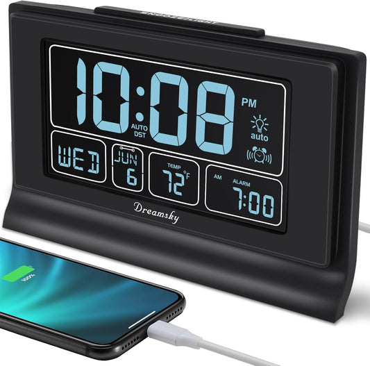 DreamSky Alarm Clocks for Bedrooms with Battery Backup, Auto Set Digital Clock with Date and Day of Week, Temperature, USB Port, Auto DST, Dimmer, 12/24H