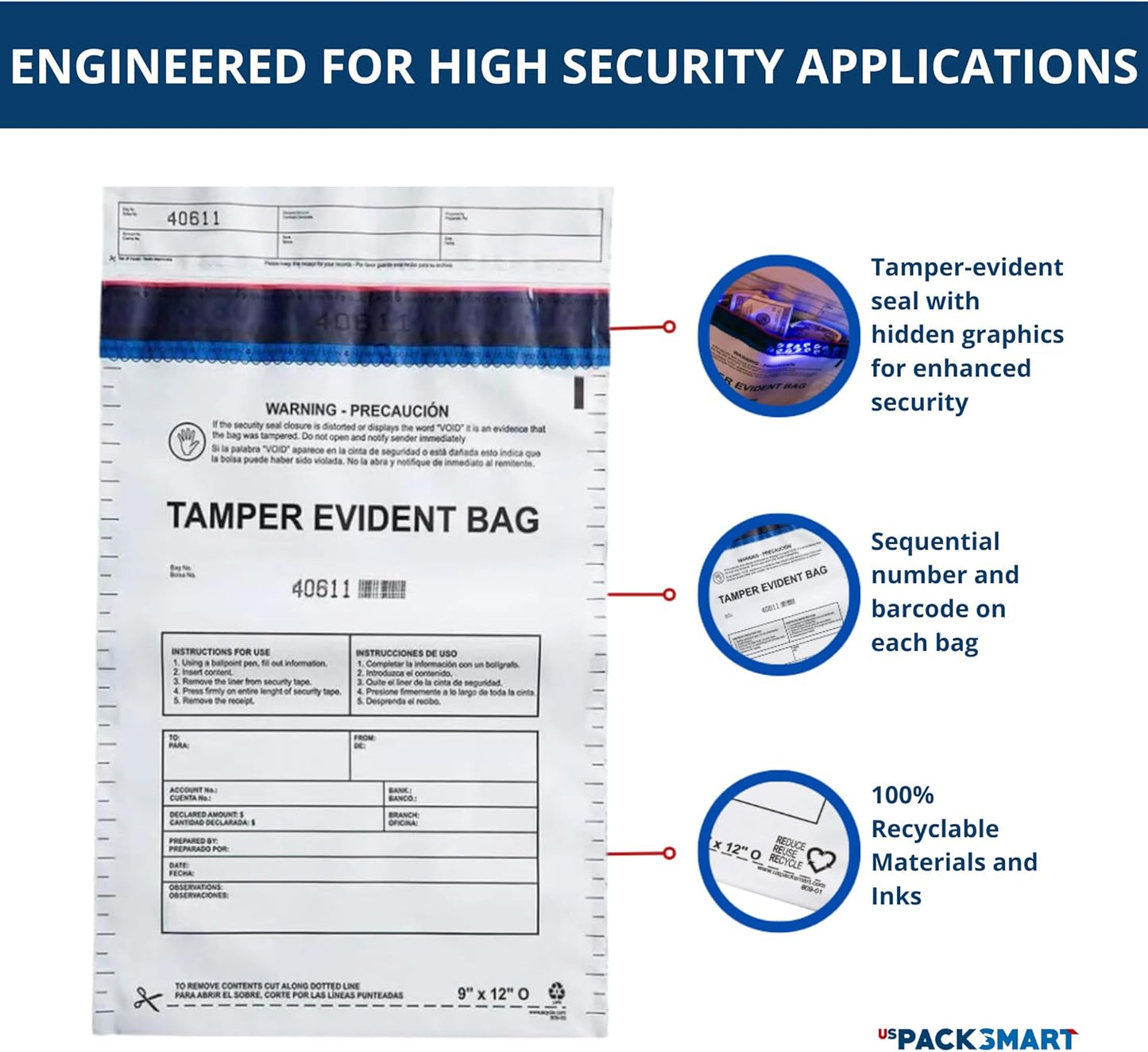 12”x16" Opaque Plastic Deposit Bags with Security Tape Tamper Evident - Secure Bank Deposits, Cash Handling, & Currency Transport | Self-Sealing Tape with Hidden Graphics | 100-Pack