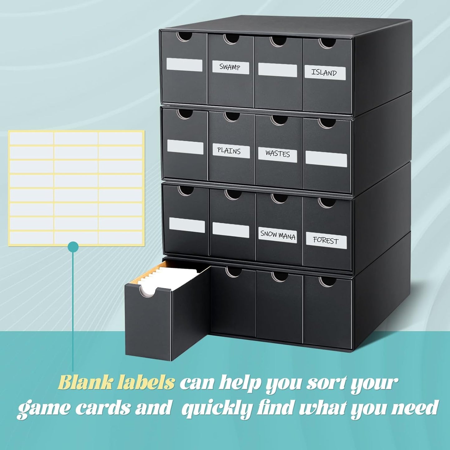 Cholemy Trading Card Storage Box 15000+ with 70 Cardboard Storage Divider, Label Sticker for Collection Compatible with TCG, Sport Cards(4 Row, 4 in A Row,Black)