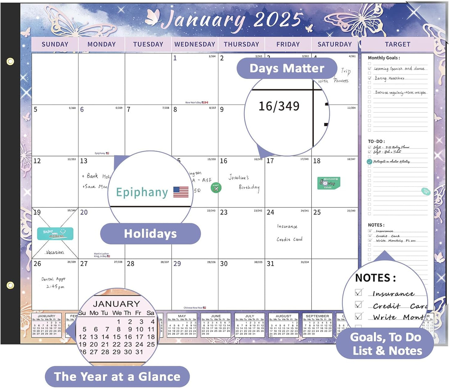 Ospelelf Desk Calendar 2025-2026 Large 22"x17" Monthly Planner Pad with Protective Cover 18 Months Butterfly Floral