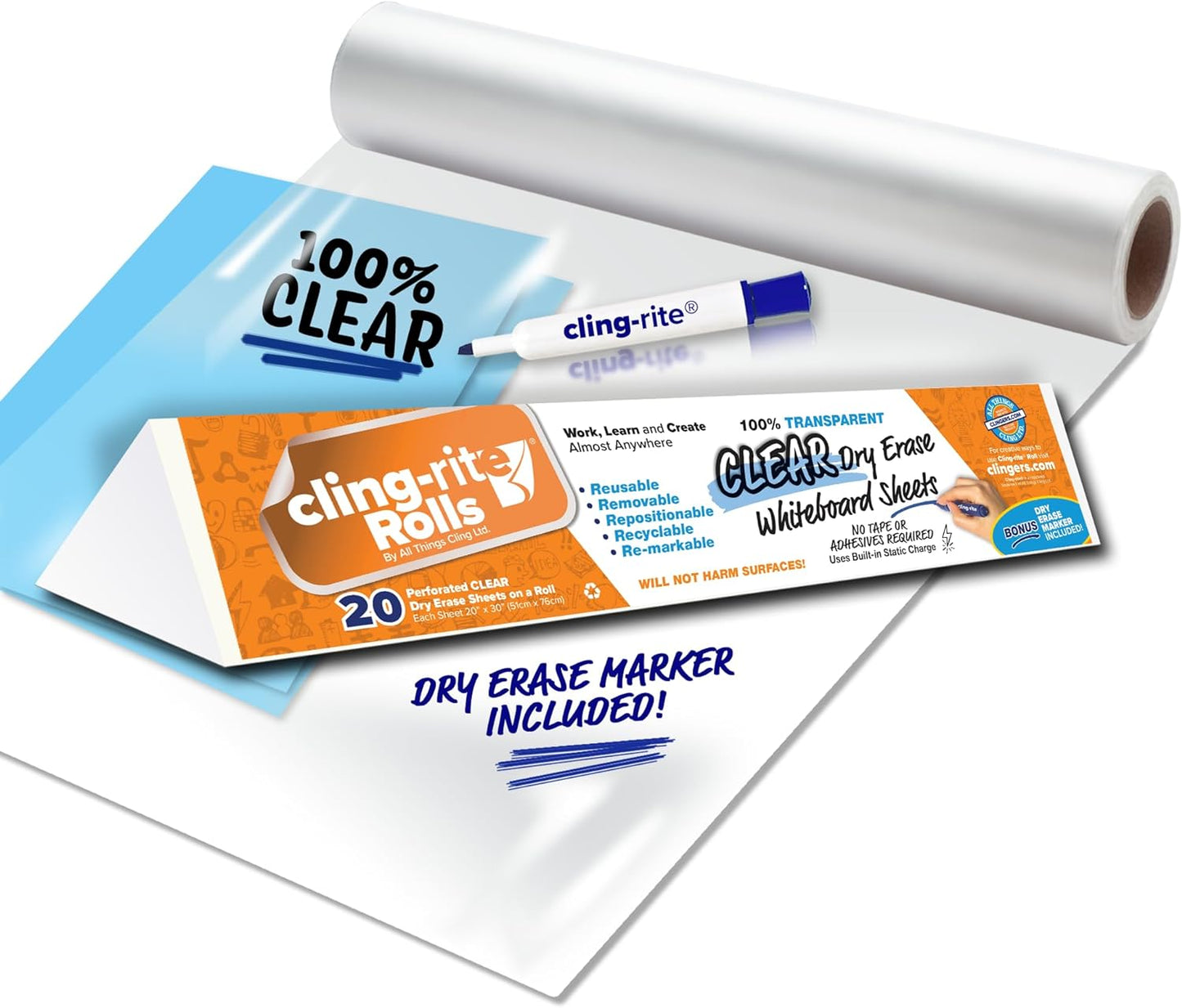 Clingers Clear Dry Erase Cling-rite Rolls - Removable, Recyclable Whiteboard Sheets, 20x30 Inch, 20 Clear Sheets for School, Office Decor, and Art Projects & Dry Erase Marker Included - American Made