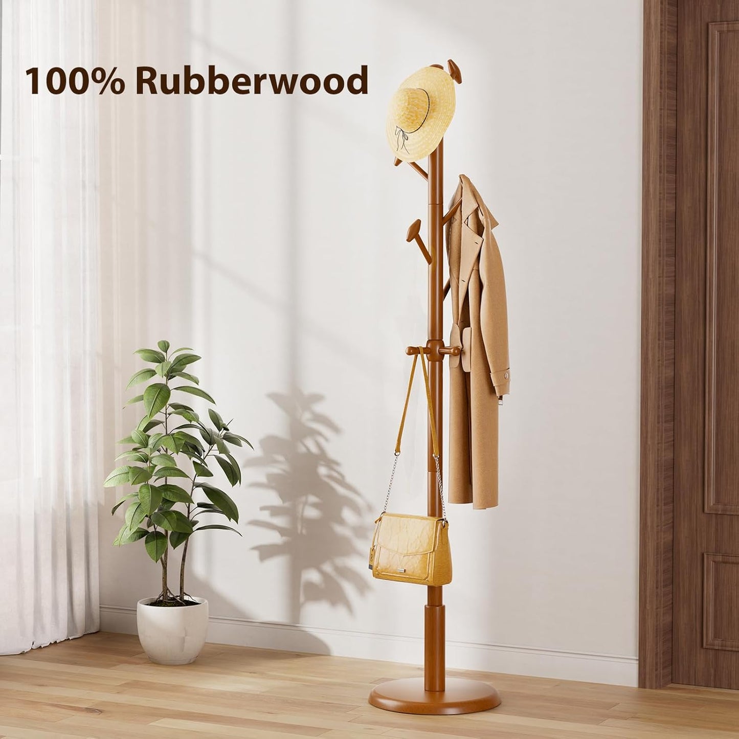 Solid Wood Coat Rack Freestanding Coat Tree with 10 Hooks for Bedroom, Livingroom, Entryway, Sturdy Coat Hanger Stand for Hats, Coats, Scarves, Handbags, Purses