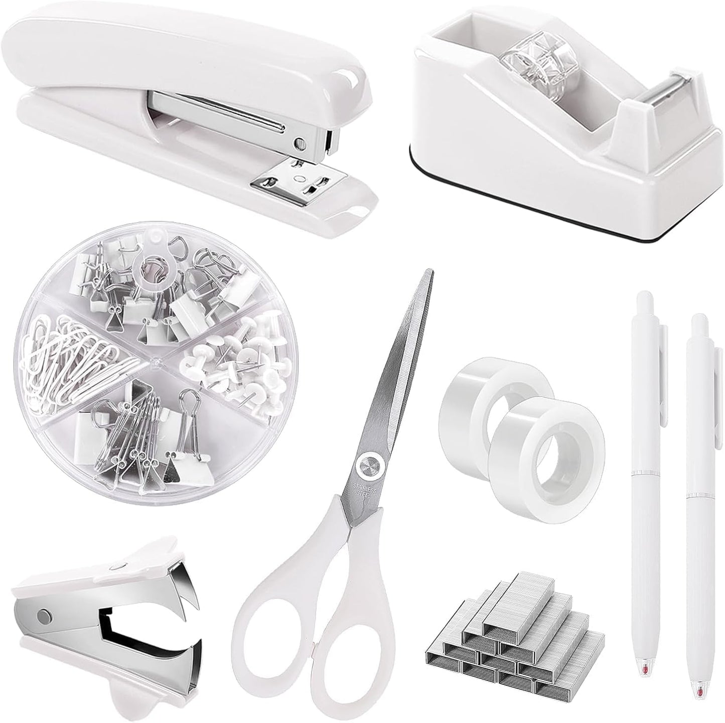 SKYDUE White Office Supplies Set, Desk Accessories, Stapler, Tape Dispenser, Scissors, Binder/Paper Clips and 1000pcs Staples, Office Decor for Women