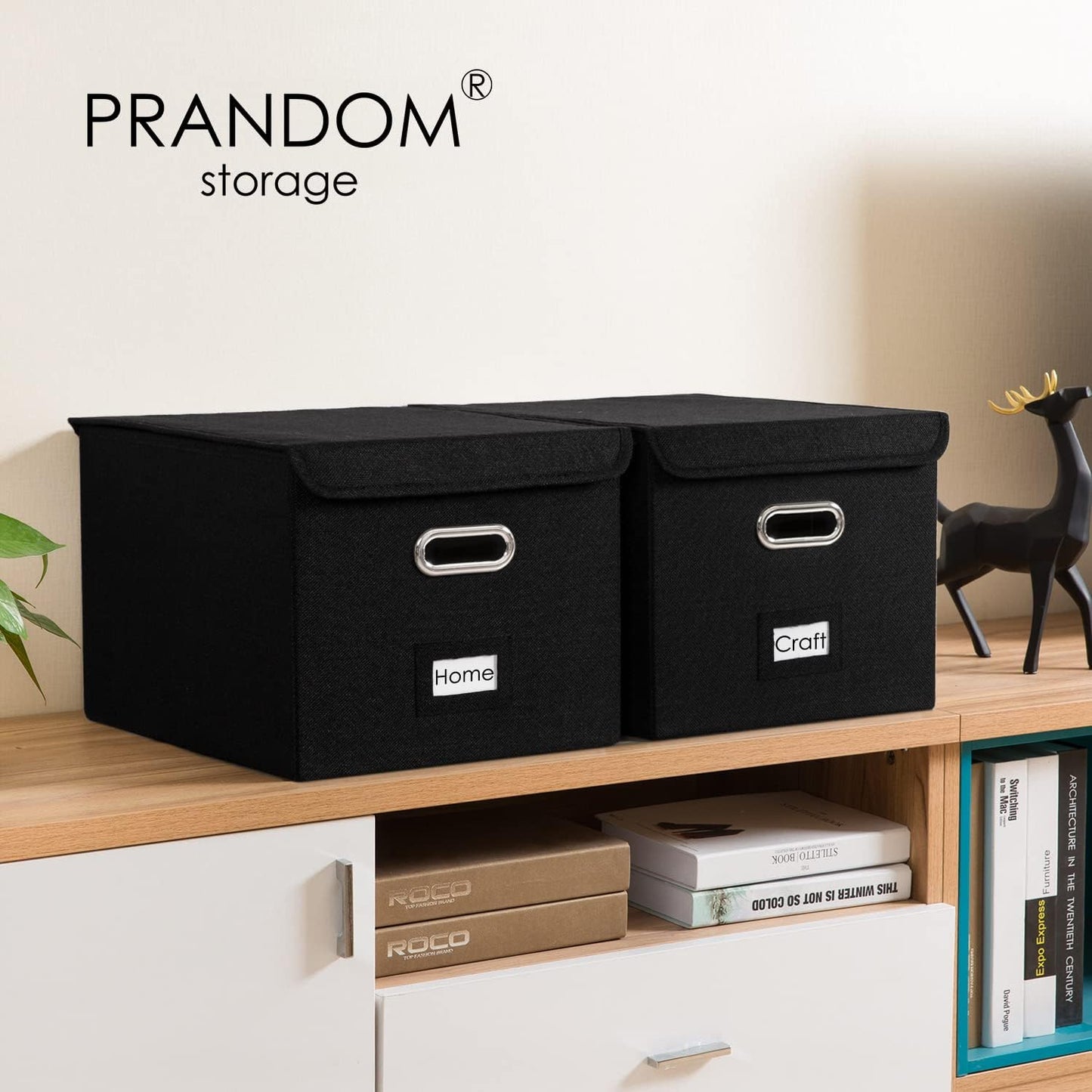 PRANDOM File Organizer Box - Set of 4 Collapsible Decorative Linen Filing Storage Hanging File Folders with Lids Office Cabinet Letter Size Black (15x12.2x10.75 inch)